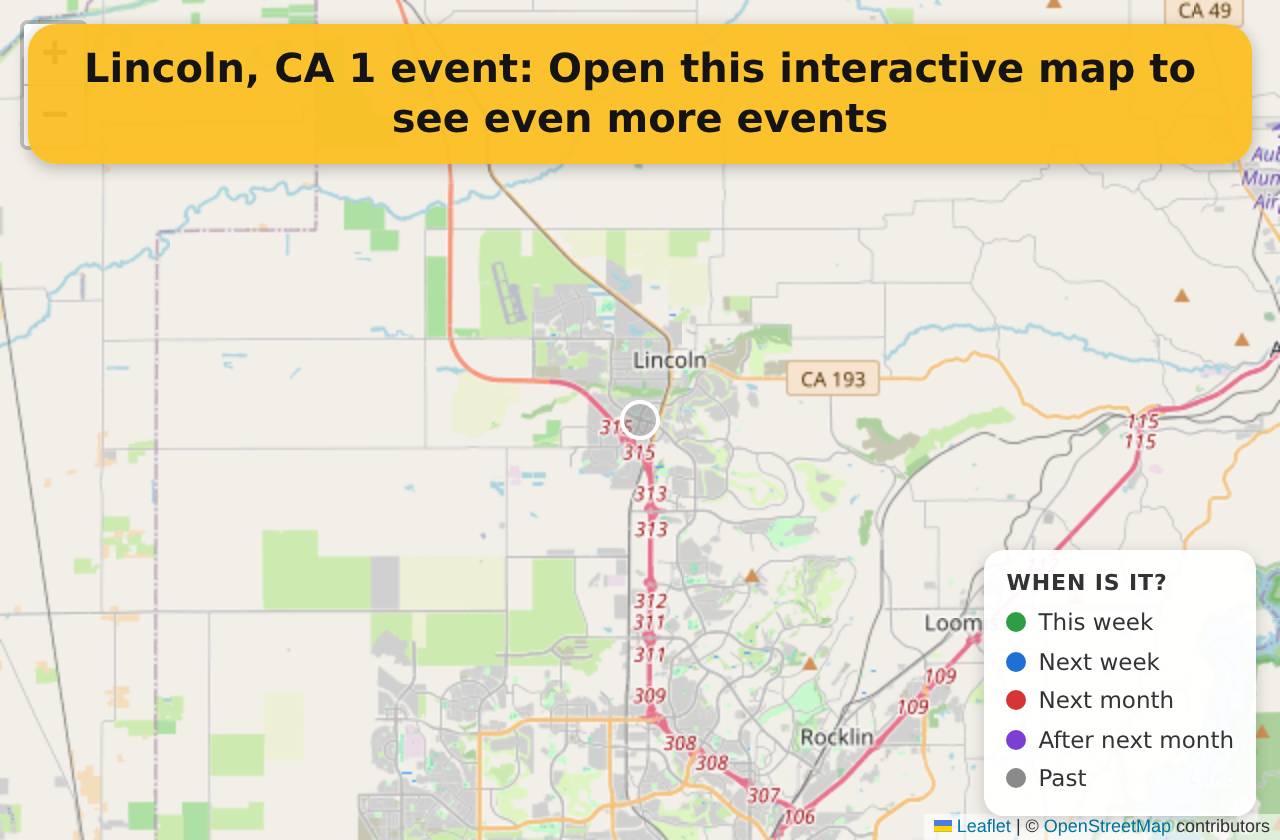 Map of events in Lincoln, CA on the interactive EVENTULIST map