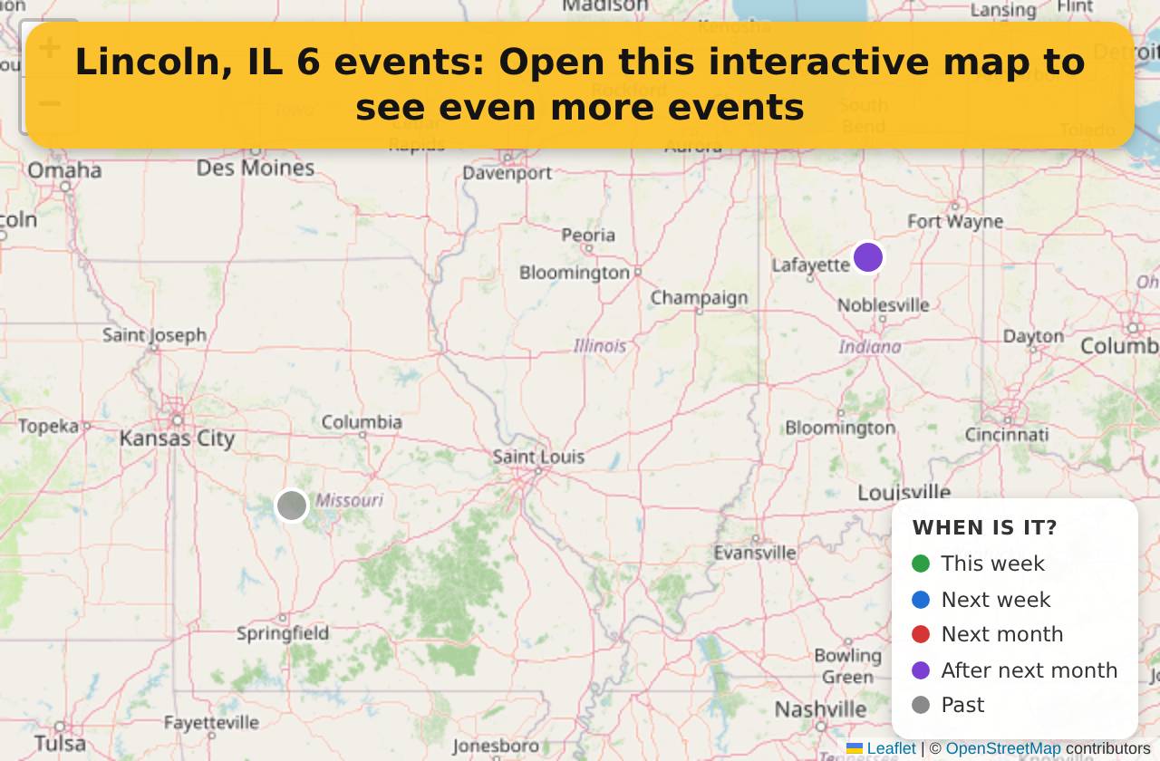 Map of events in Lincoln, IL on the interactive EVENTULIST map