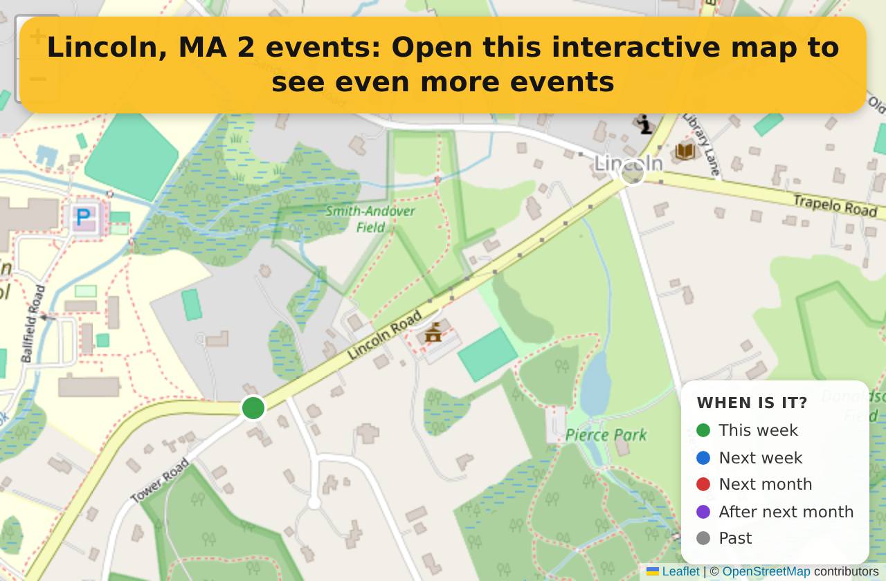 Map of events in Lincoln, MA on the interactive EVENTULIST map