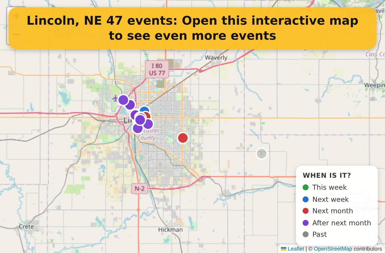 Map of events in Lincoln, NE on the interactive EVENTULIST map