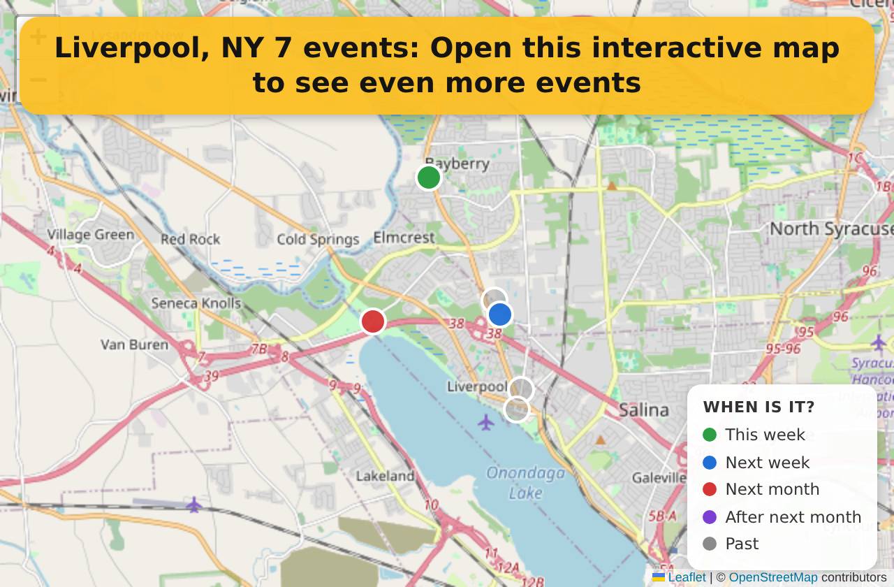 Map of events in Liverpool, NY on the interactive EVENTULIST map
