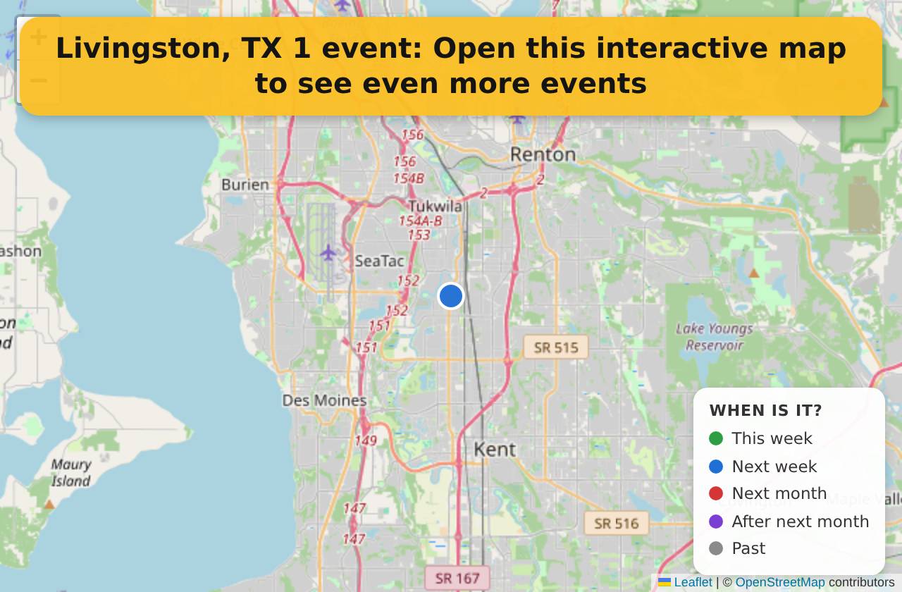 Map of events in Livingston, TX on the interactive EVENTULIST map
