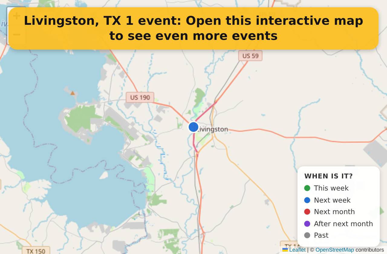 Map of events in Livingston, TX on the interactive EVENTULIST map