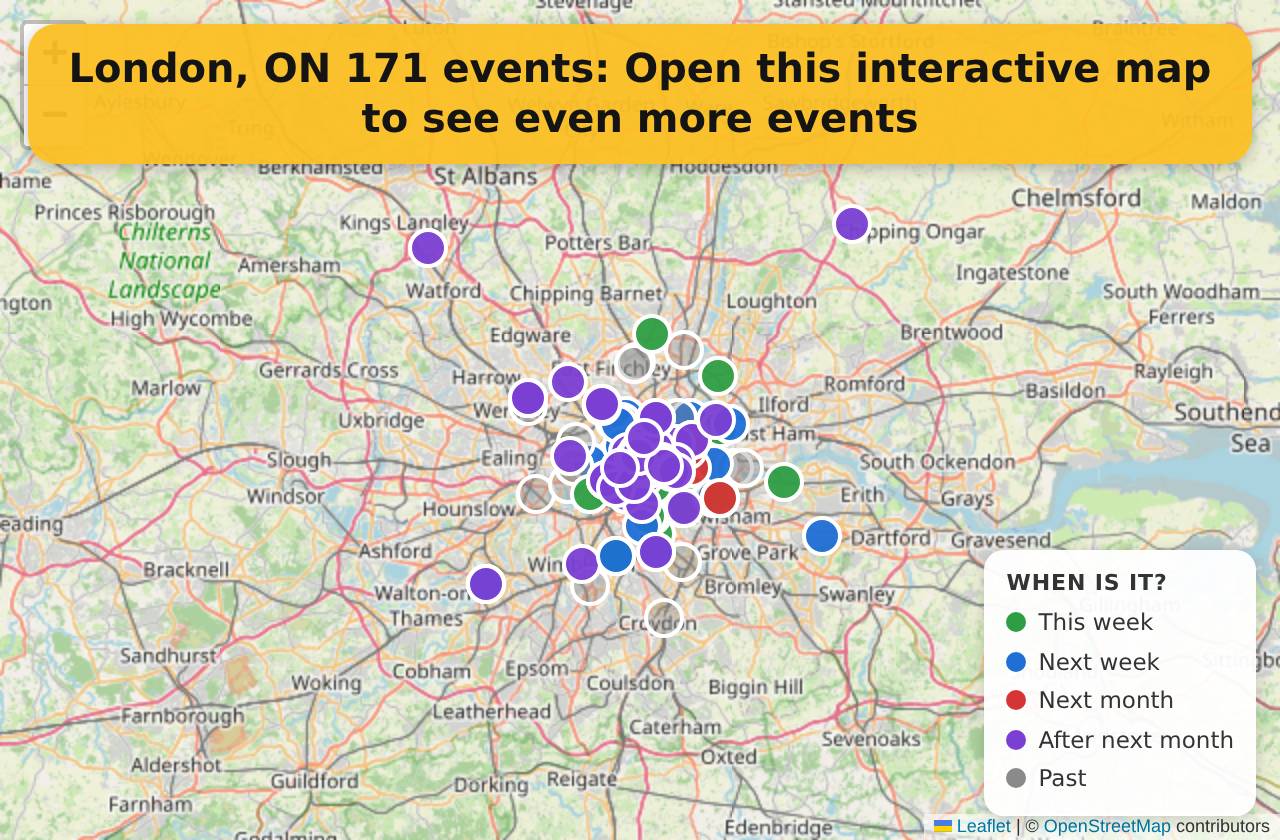Map of events in London, ON on the interactive EVENTULIST map