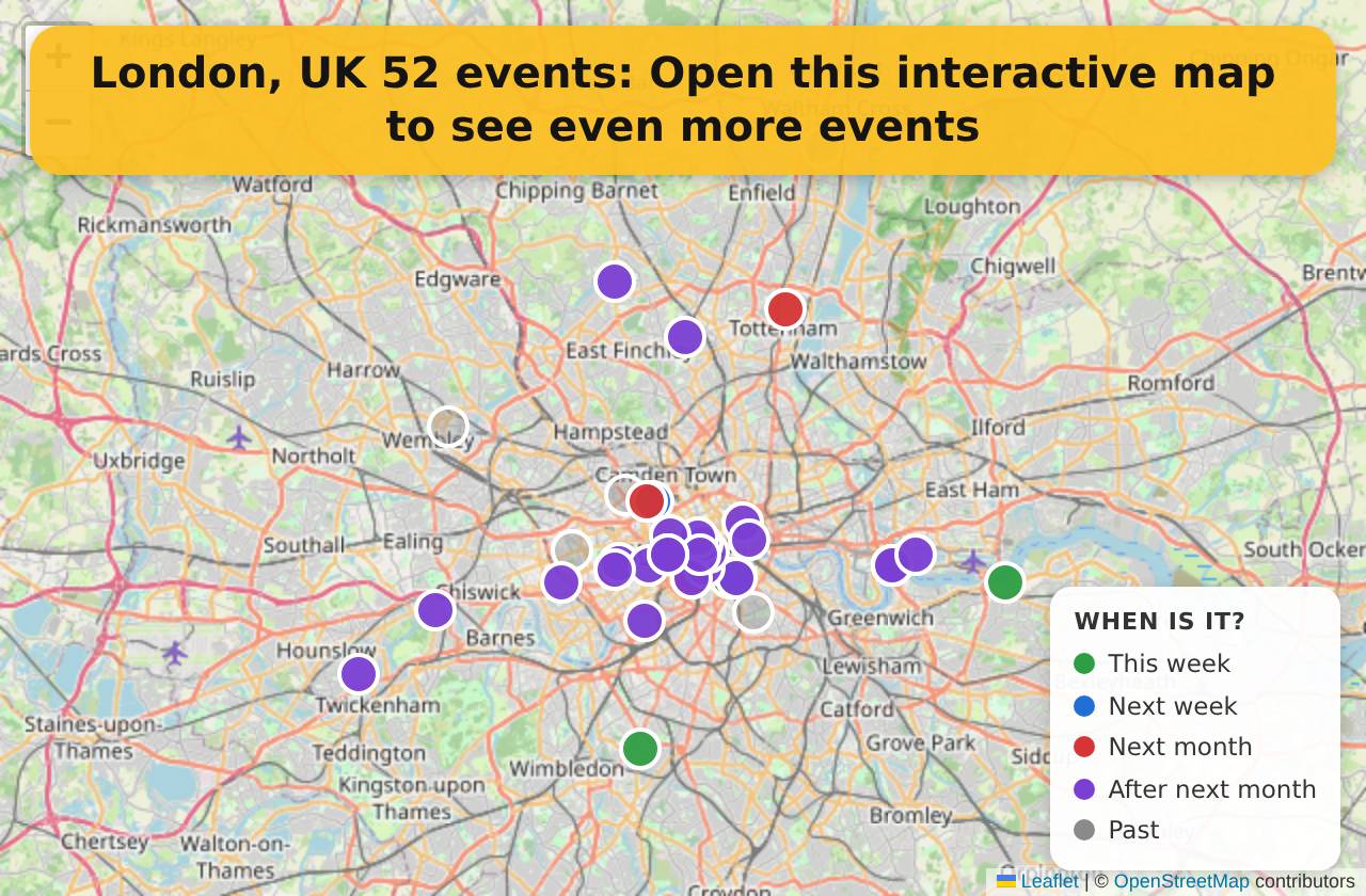 Map of events in London, UK on the interactive EVENTULIST map