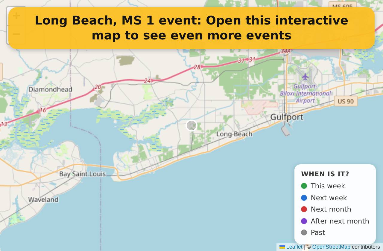 Map of events in Long Beach, MS on the interactive EVENTULIST map