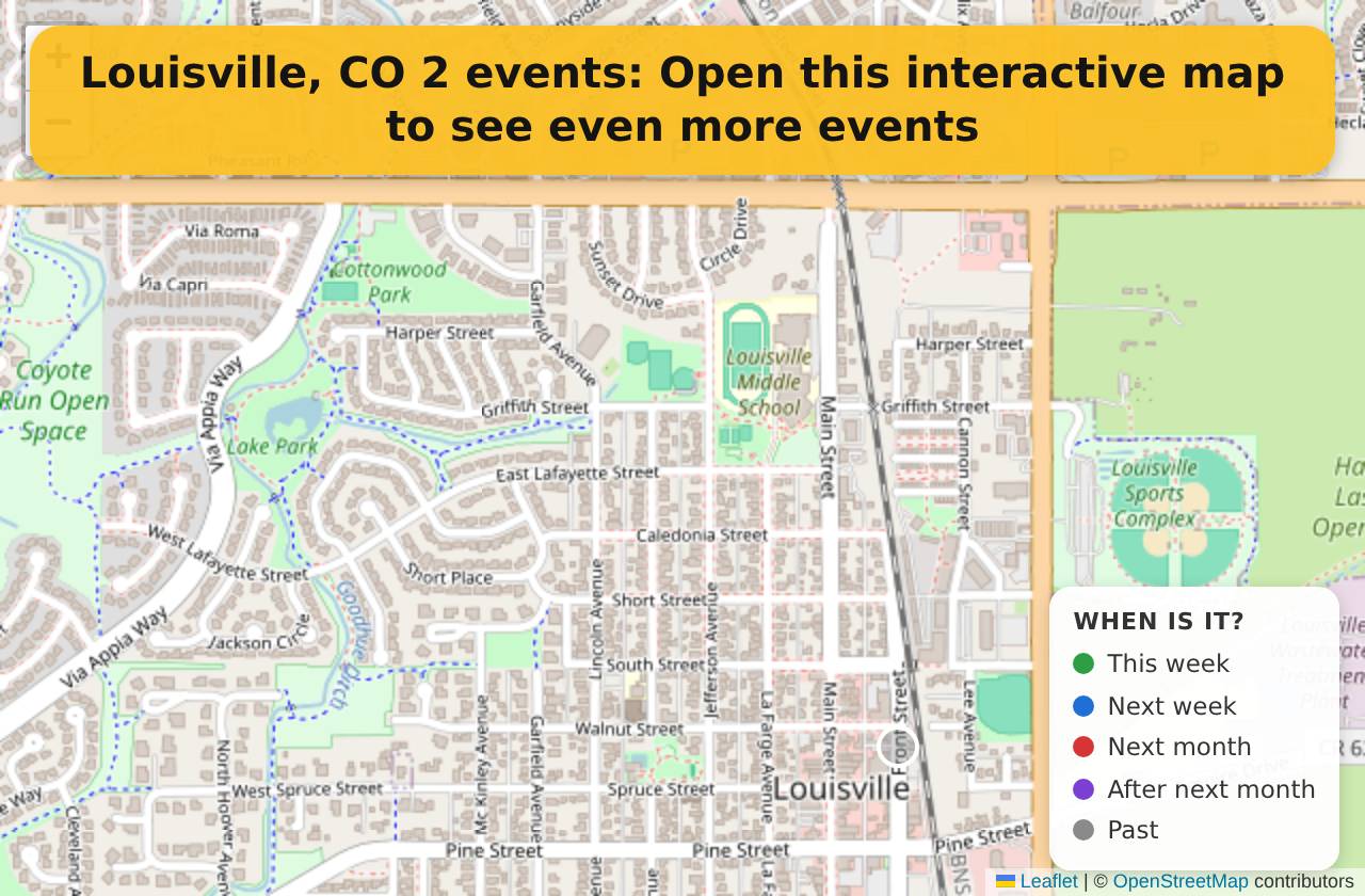 Map of events in Louisville, CO on the interactive EVENTULIST map