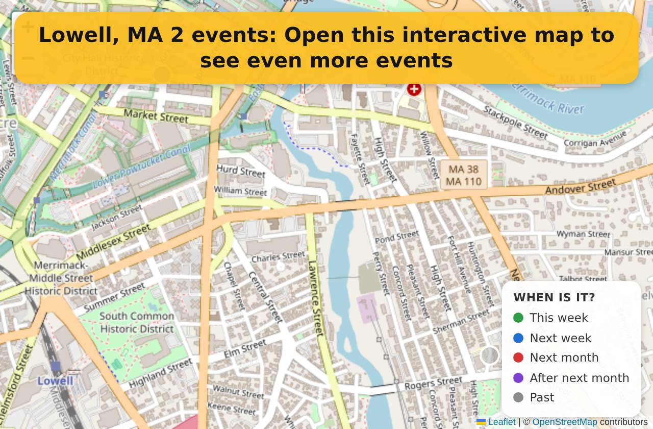 Map of events in Lowell, MA on the interactive EVENTULIST map