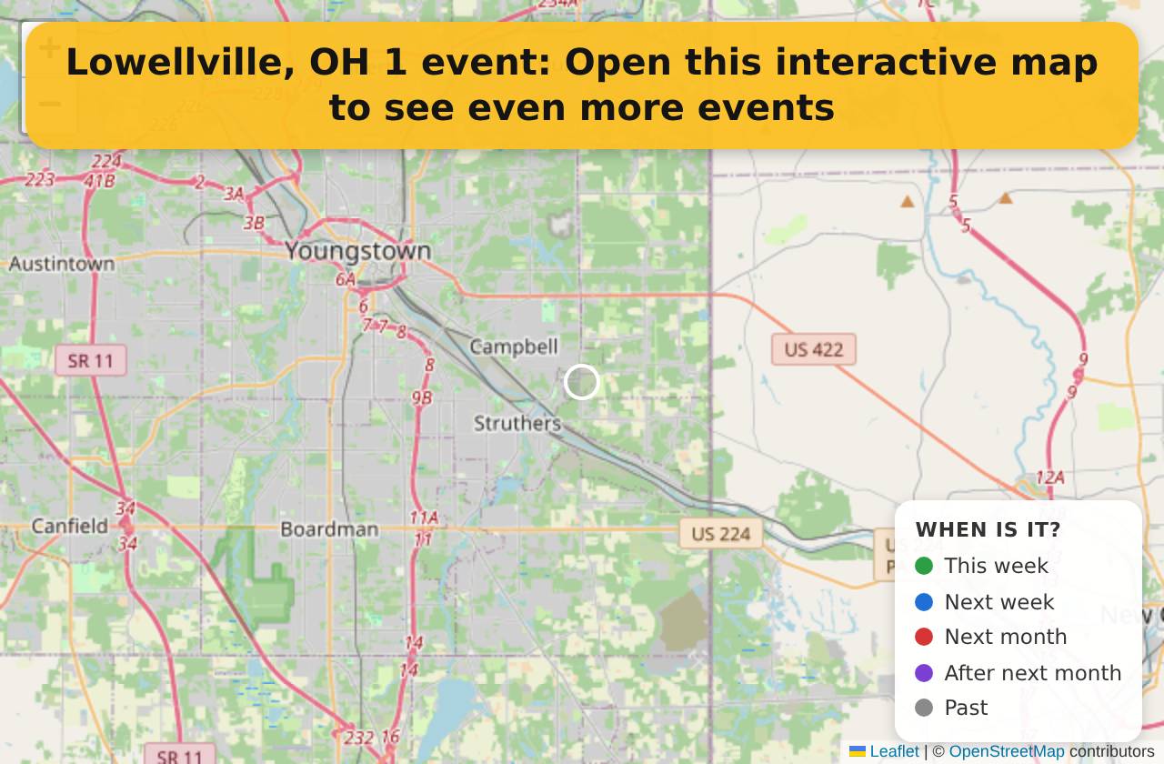 Map of events in Lowellville, OH on the interactive EVENTULIST map