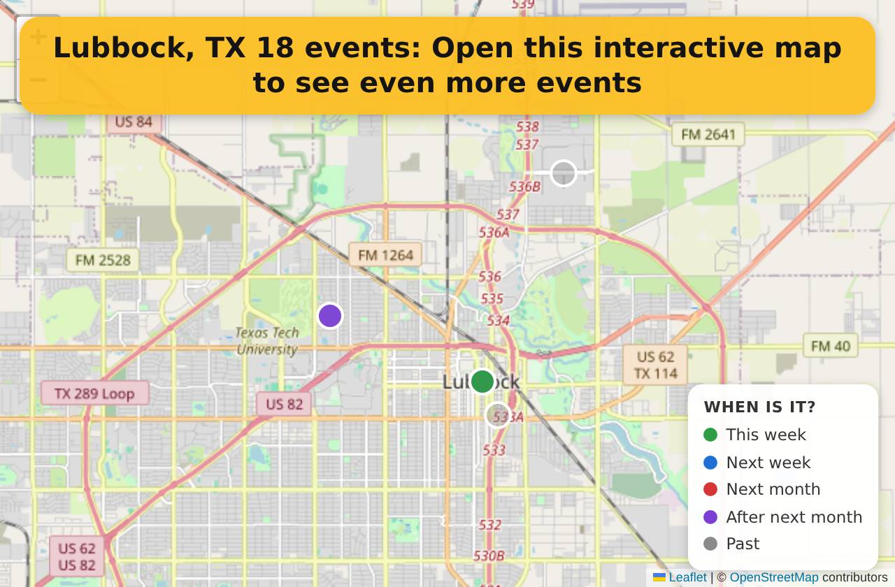 Map of events in Lubbock, TX on the interactive EVENTULIST map