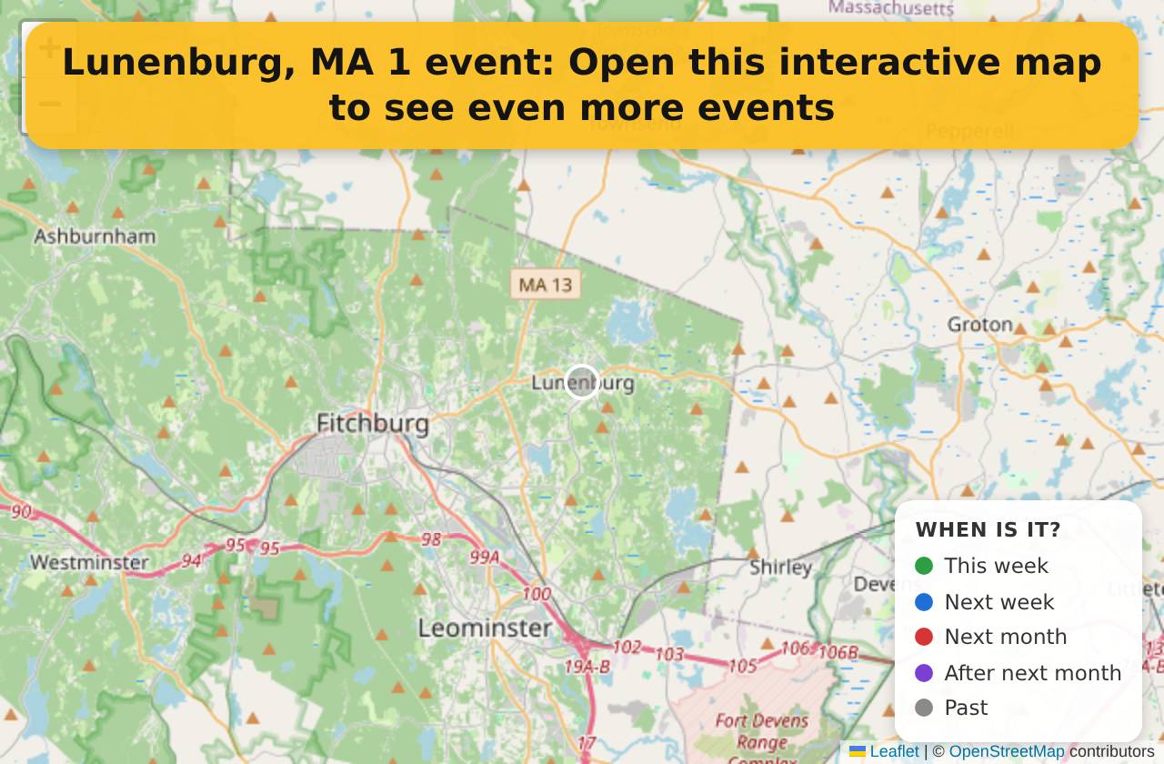 Map of events in Lunenburg, MA on the interactive EVENTULIST map