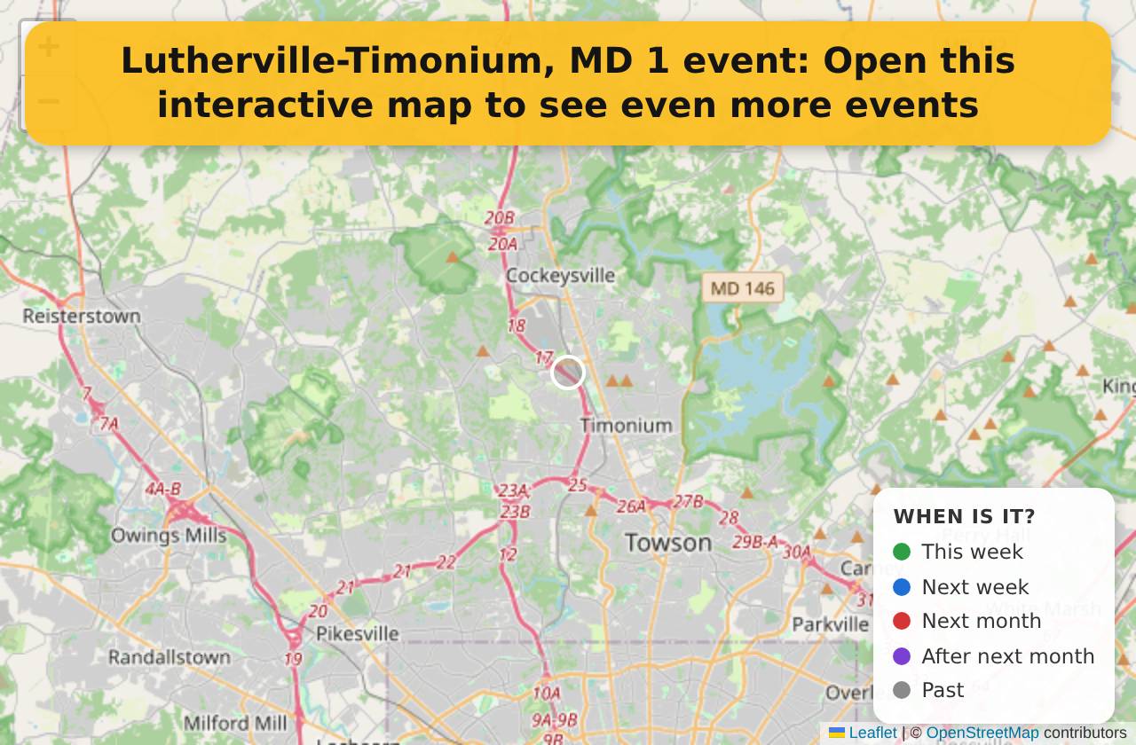 Map of events in Lutherville-Timonium, MD on the interactive EVENTULIST map