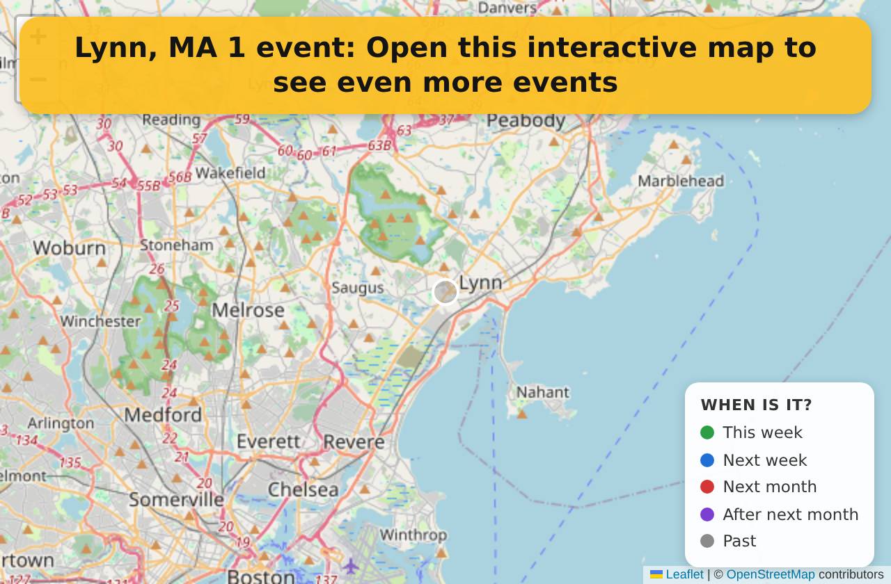 Map of events in Lynn, MA on the interactive EVENTULIST map