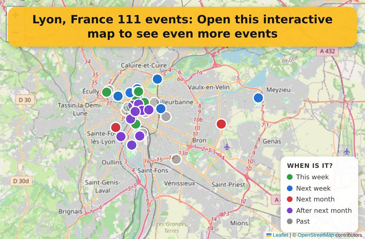 Map of events in Lyon, France on the interactive EVENTULIST map