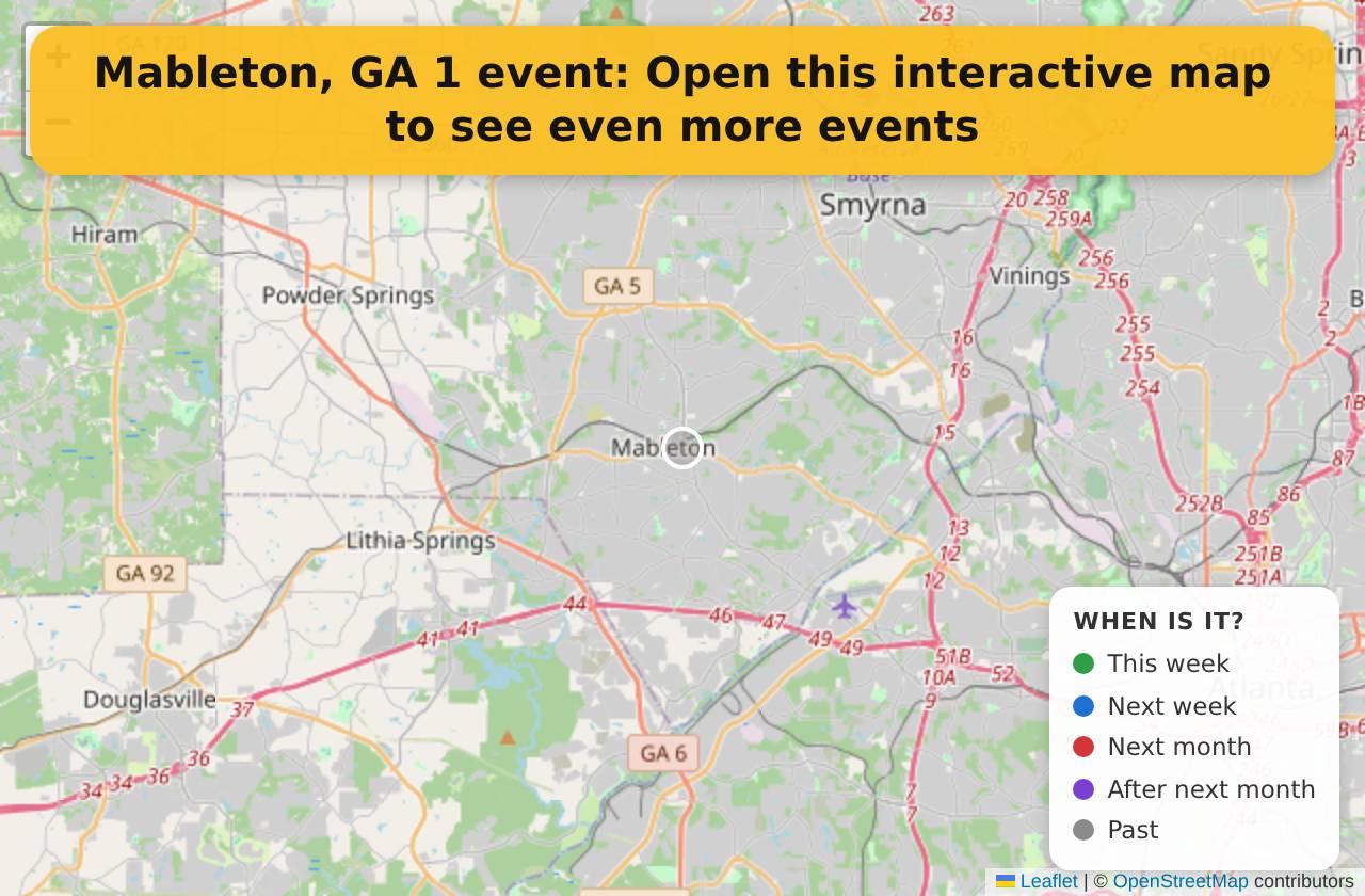 Map of events in Mableton, GA on the interactive EVENTULIST map