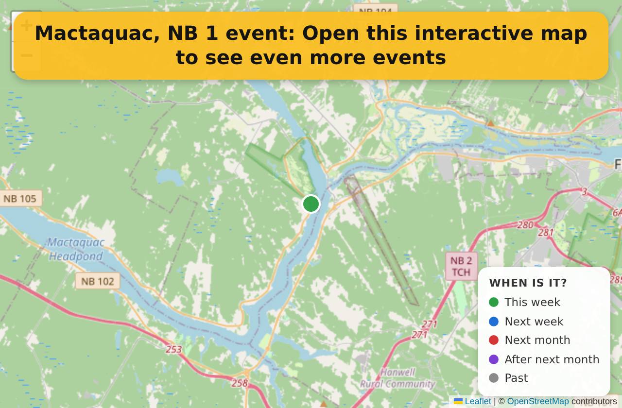 Map of events in Mactaquac, NB on the interactive EVENTULIST map