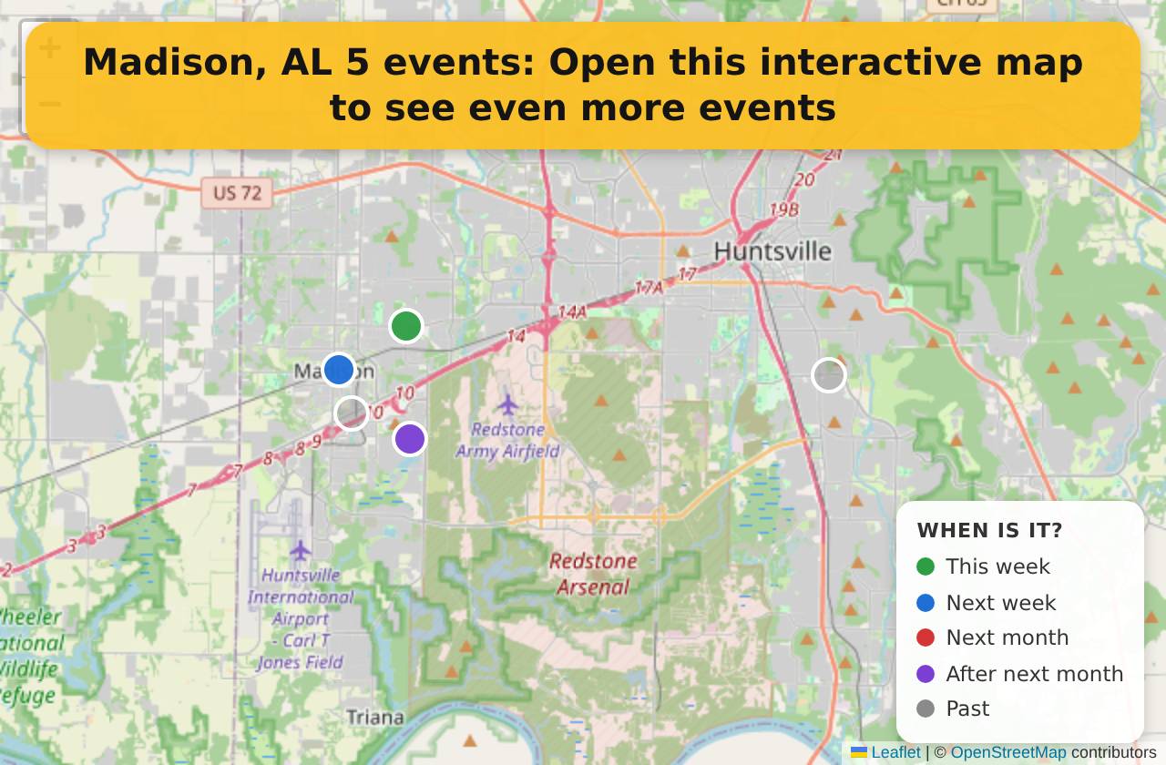 Map of events in Madison, AL on the interactive EVENTULIST map