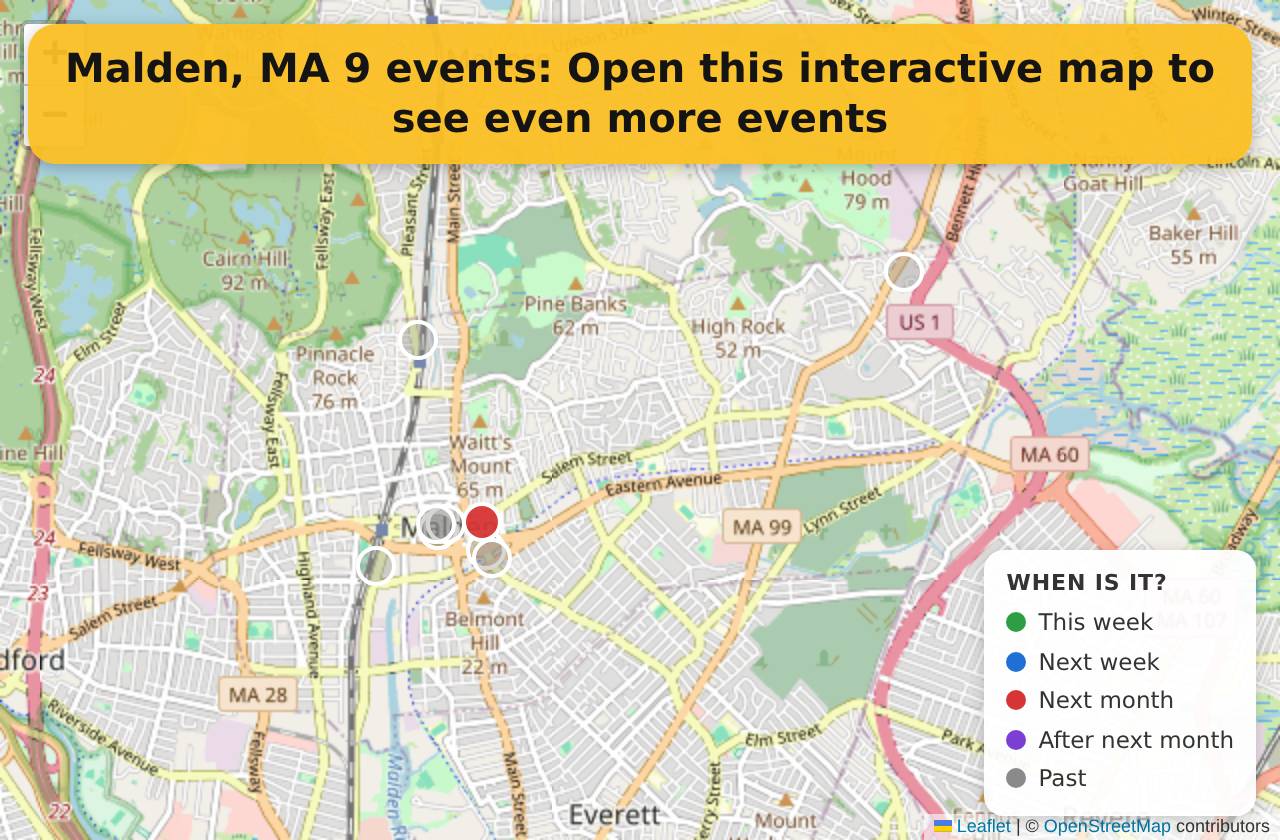Map of events in Malden, MA on the interactive EVENTULIST map