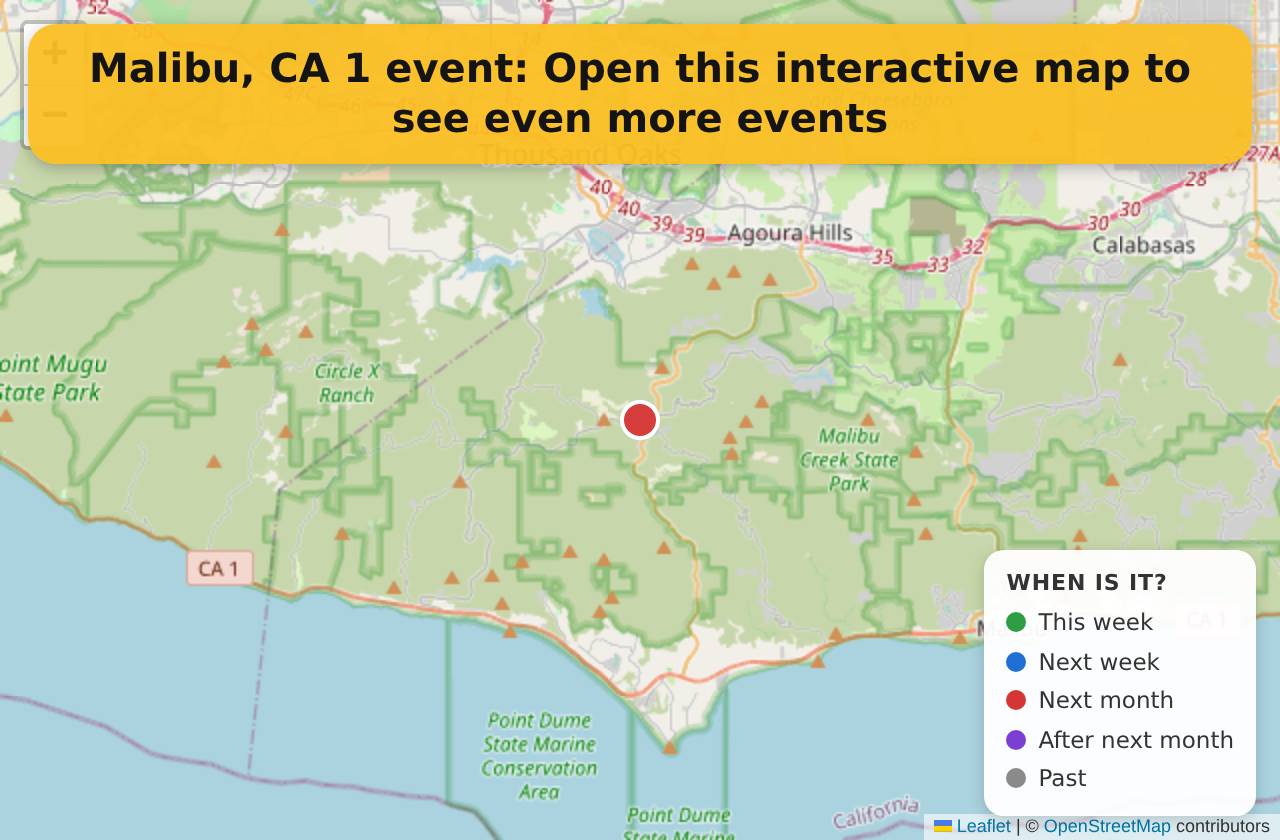 Map of events in Malibu, CA on the interactive EVENTULIST map