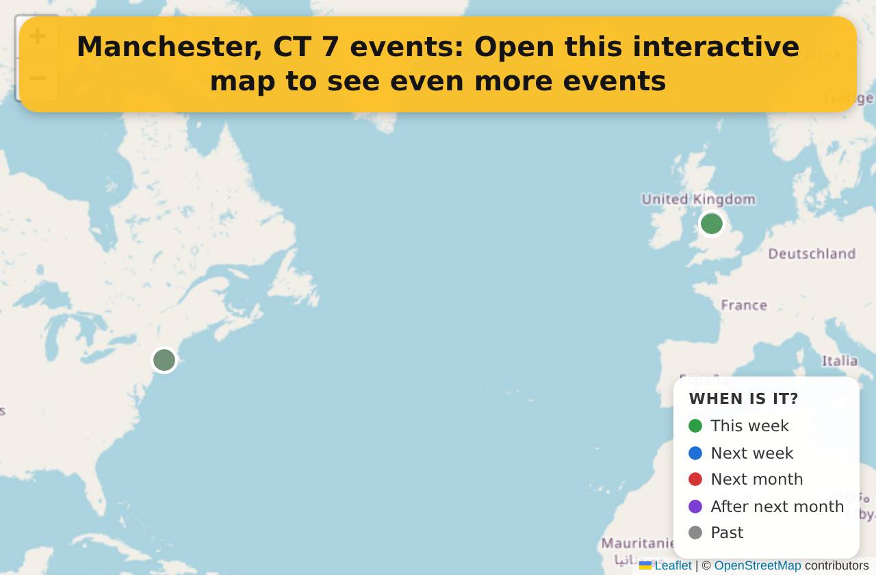 Map of events in Manchester, CT on the interactive EVENTULIST map