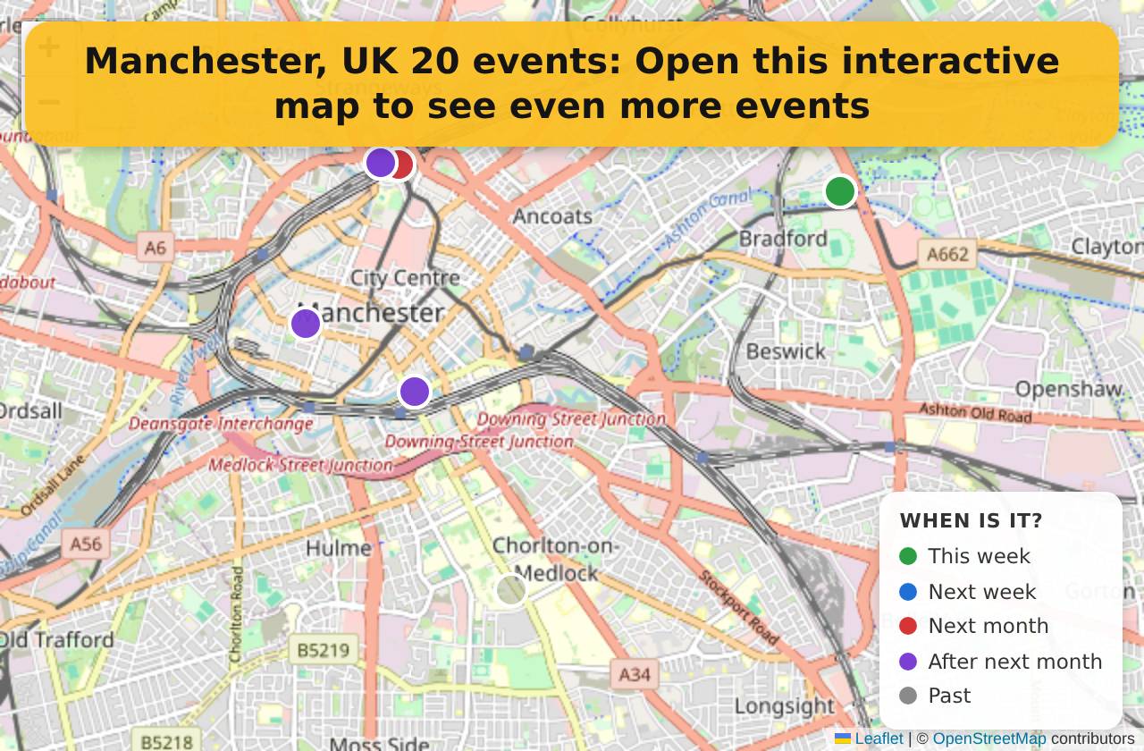 Map of events in Manchester, UK on the interactive EVENTULIST map