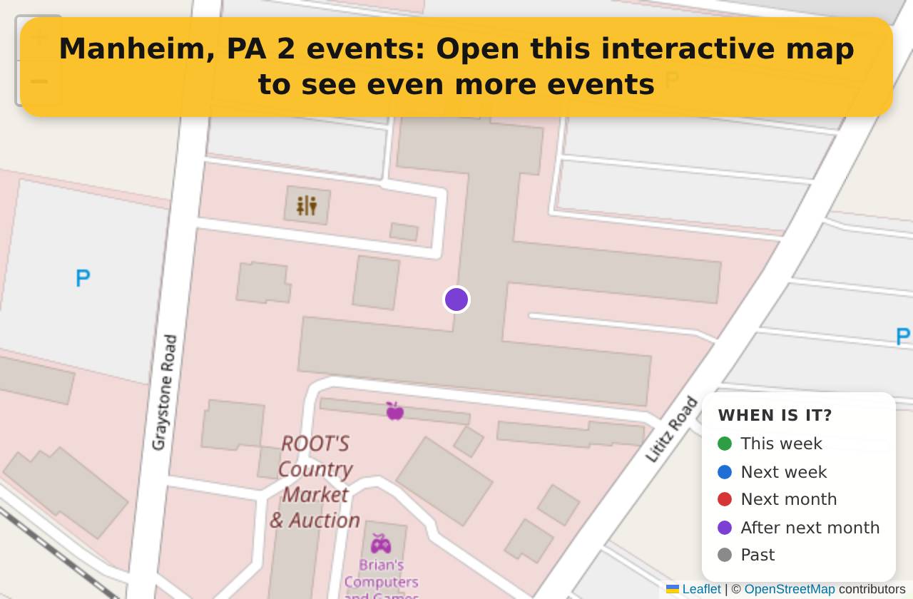 Map of events in Manheim, PA on the interactive EVENTULIST map