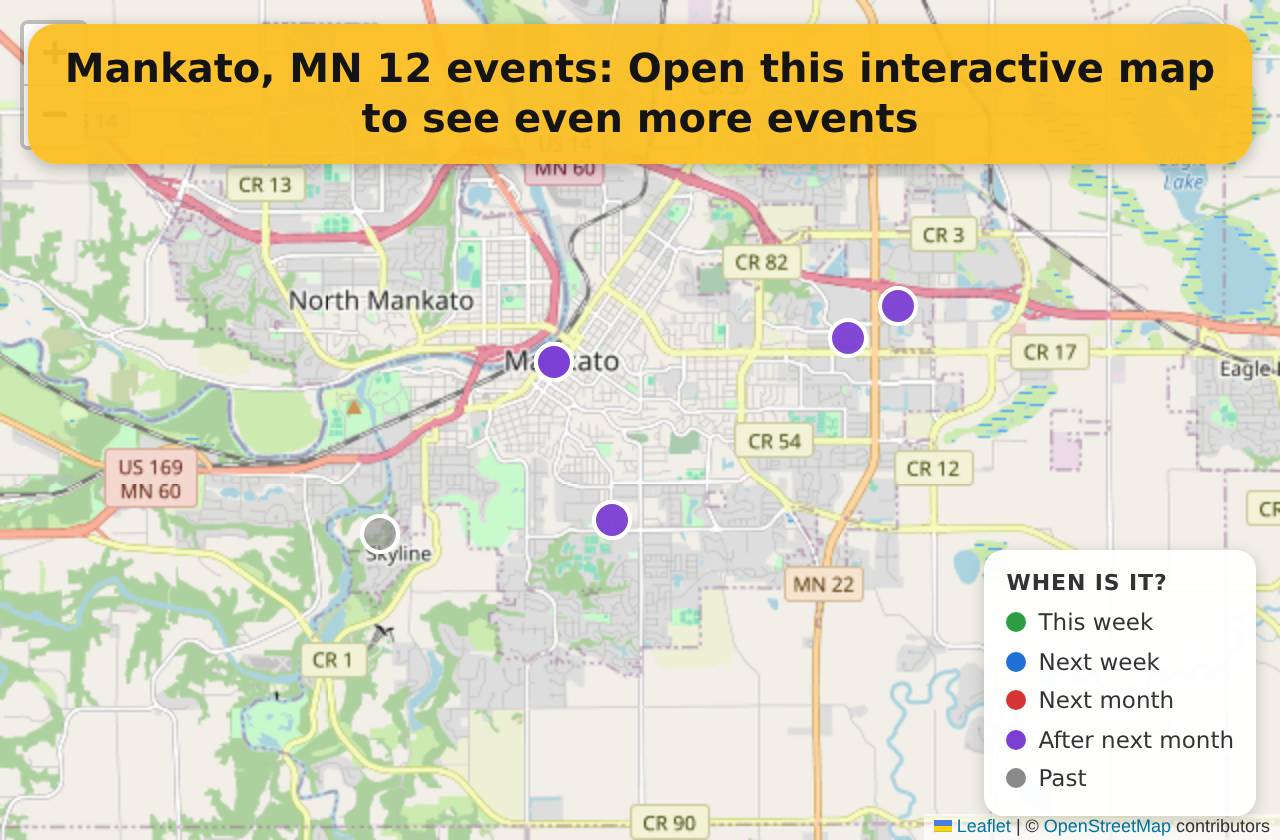 Map of events in Mankato, MN on the interactive EVENTULIST map