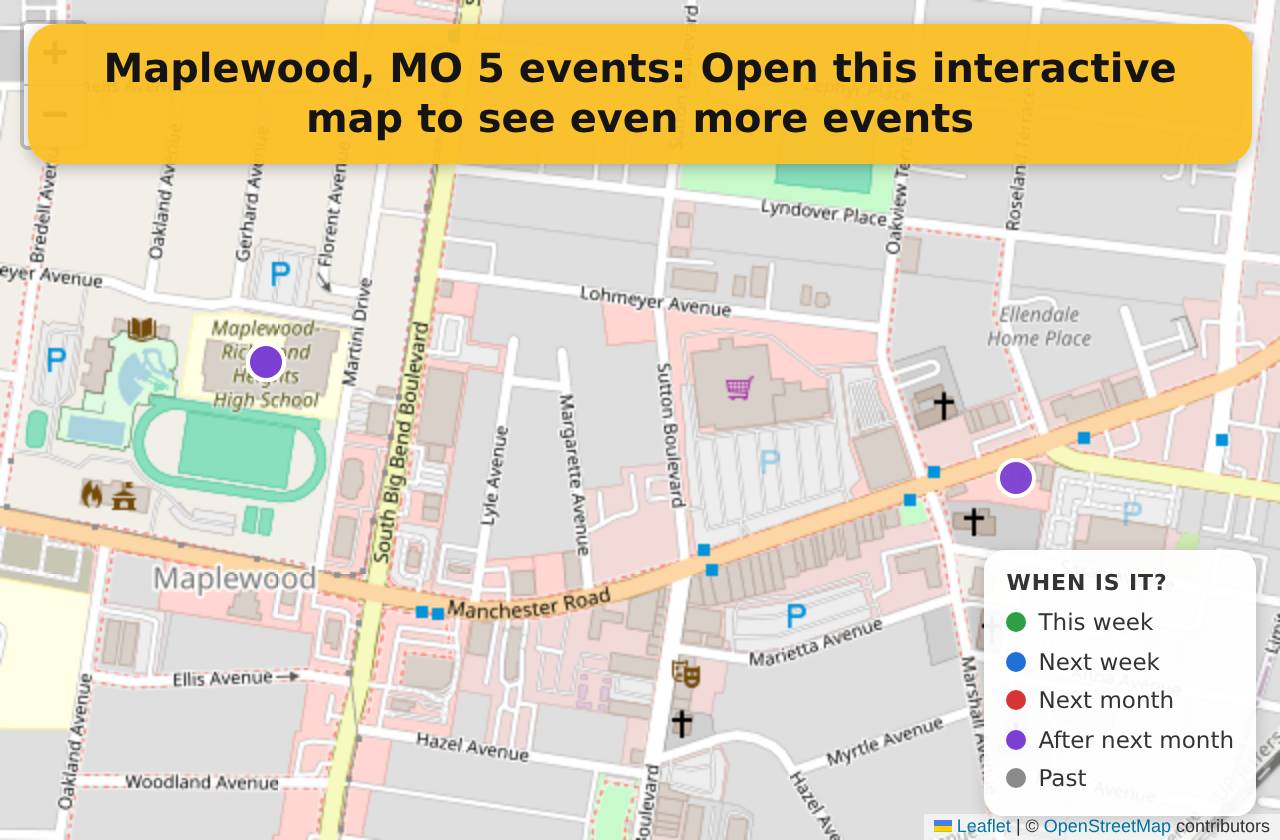 Map of events in Maplewood, MO on the interactive EVENTULIST map