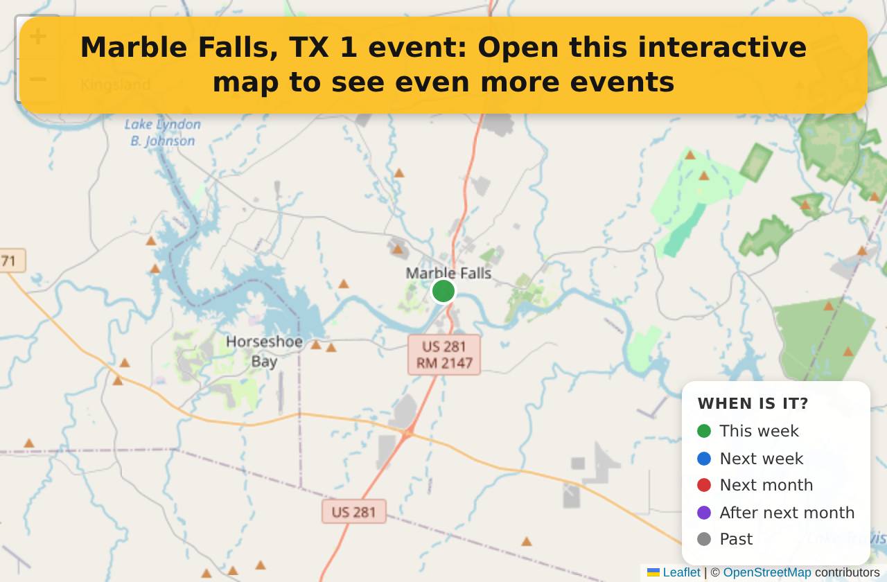 Map of events in Marble Falls, TX on the interactive EVENTULIST map