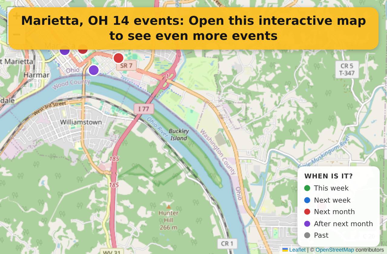 Map of events in Marietta, OH on the interactive EVENTULIST map