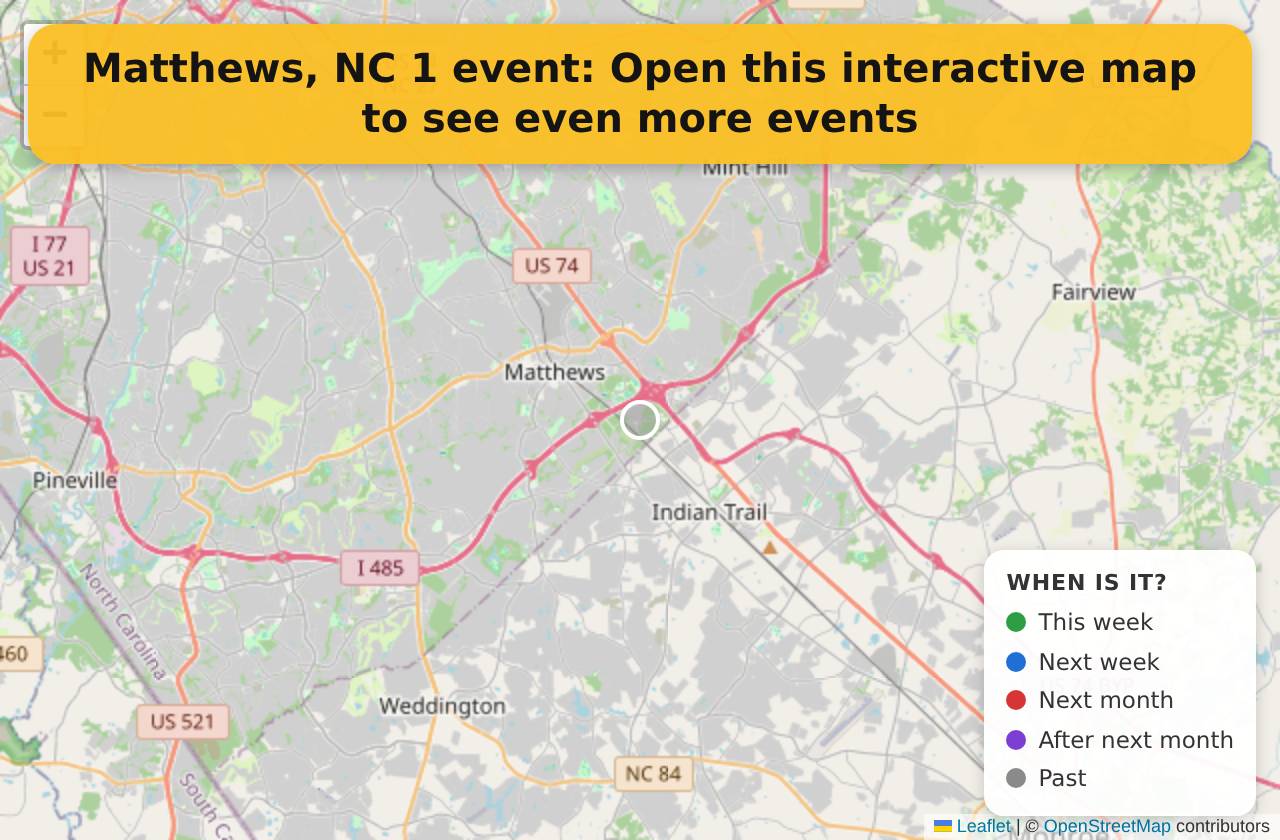 Map of events in Matthews, NC on the interactive EVENTULIST map