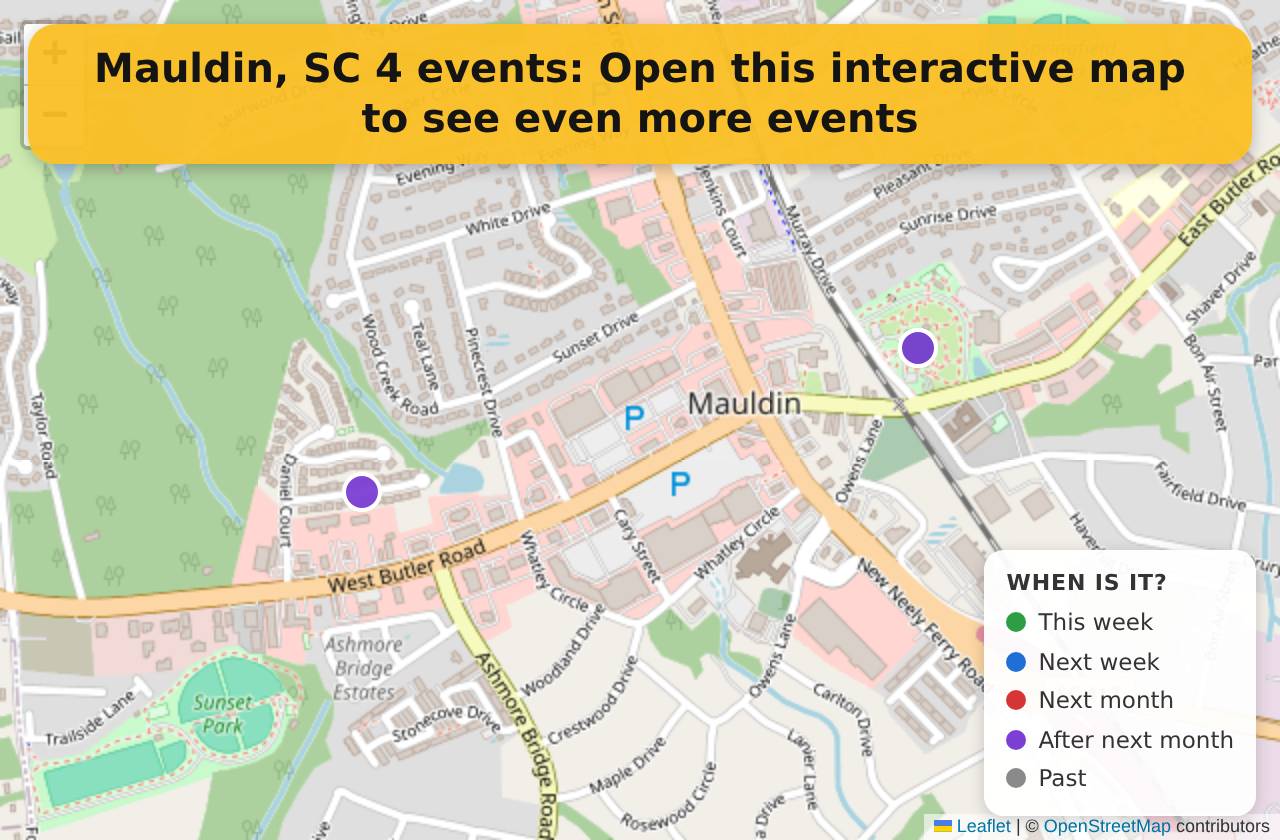 Map of events in Mauldin, SC on the interactive EVENTULIST map