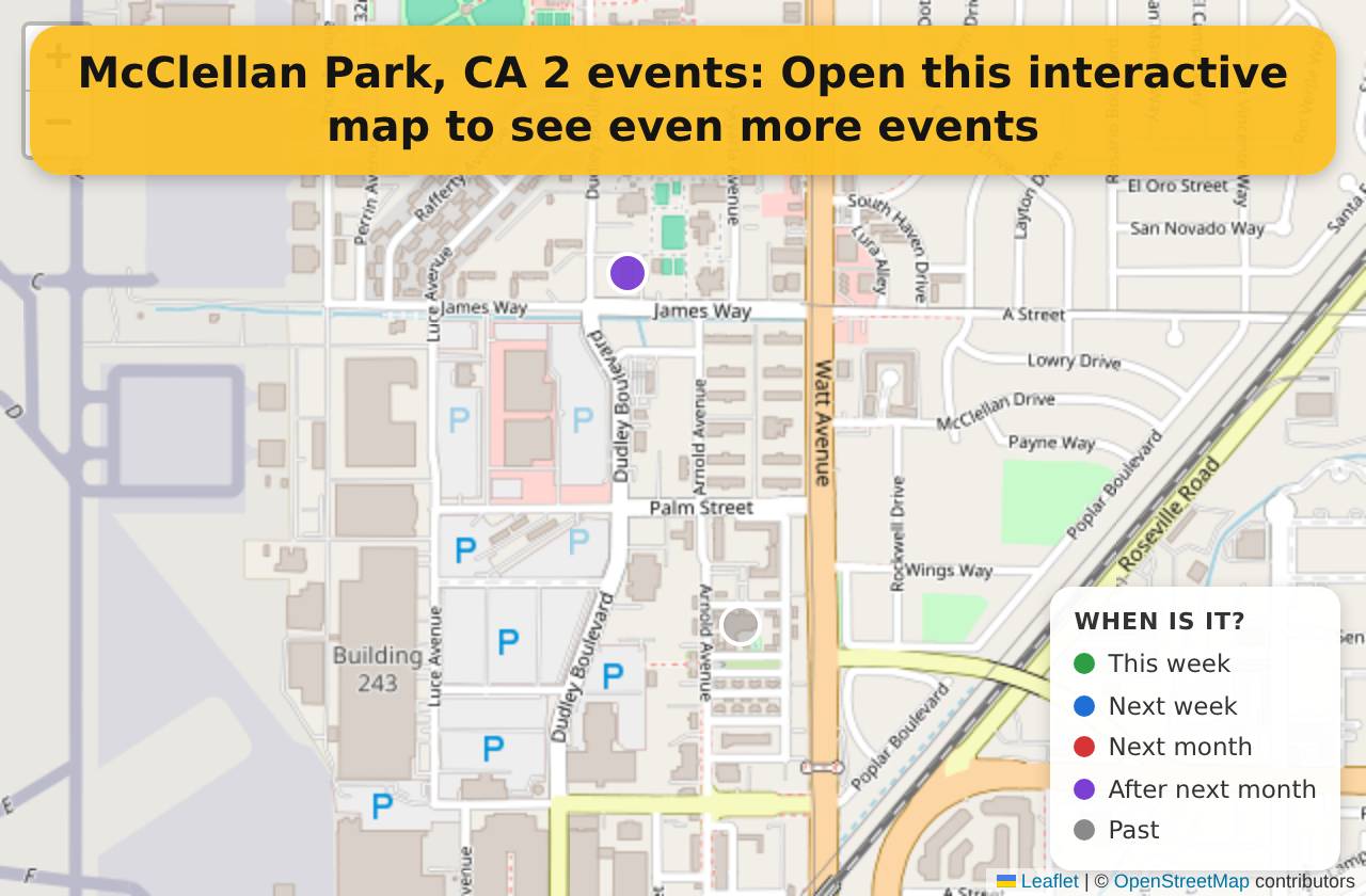 Map of events in McClellan Park, CA on the interactive EVENTULIST map
