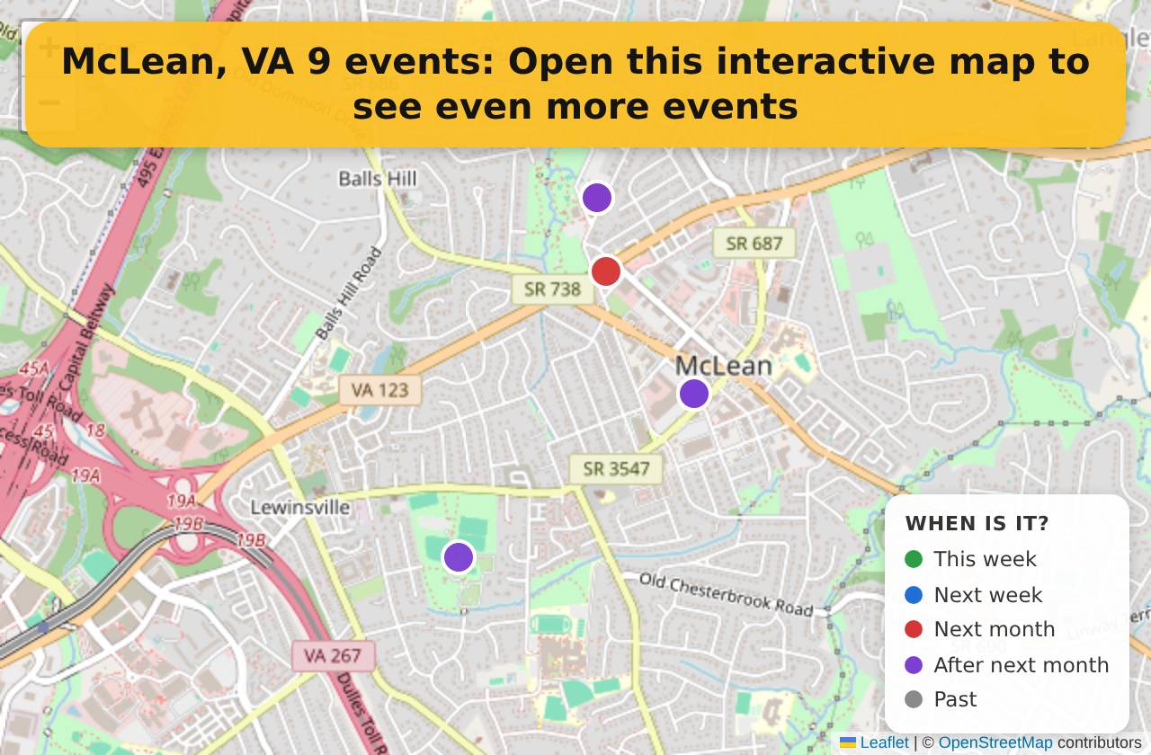 Map of events in McLean, VA on the interactive EVENTULIST map
