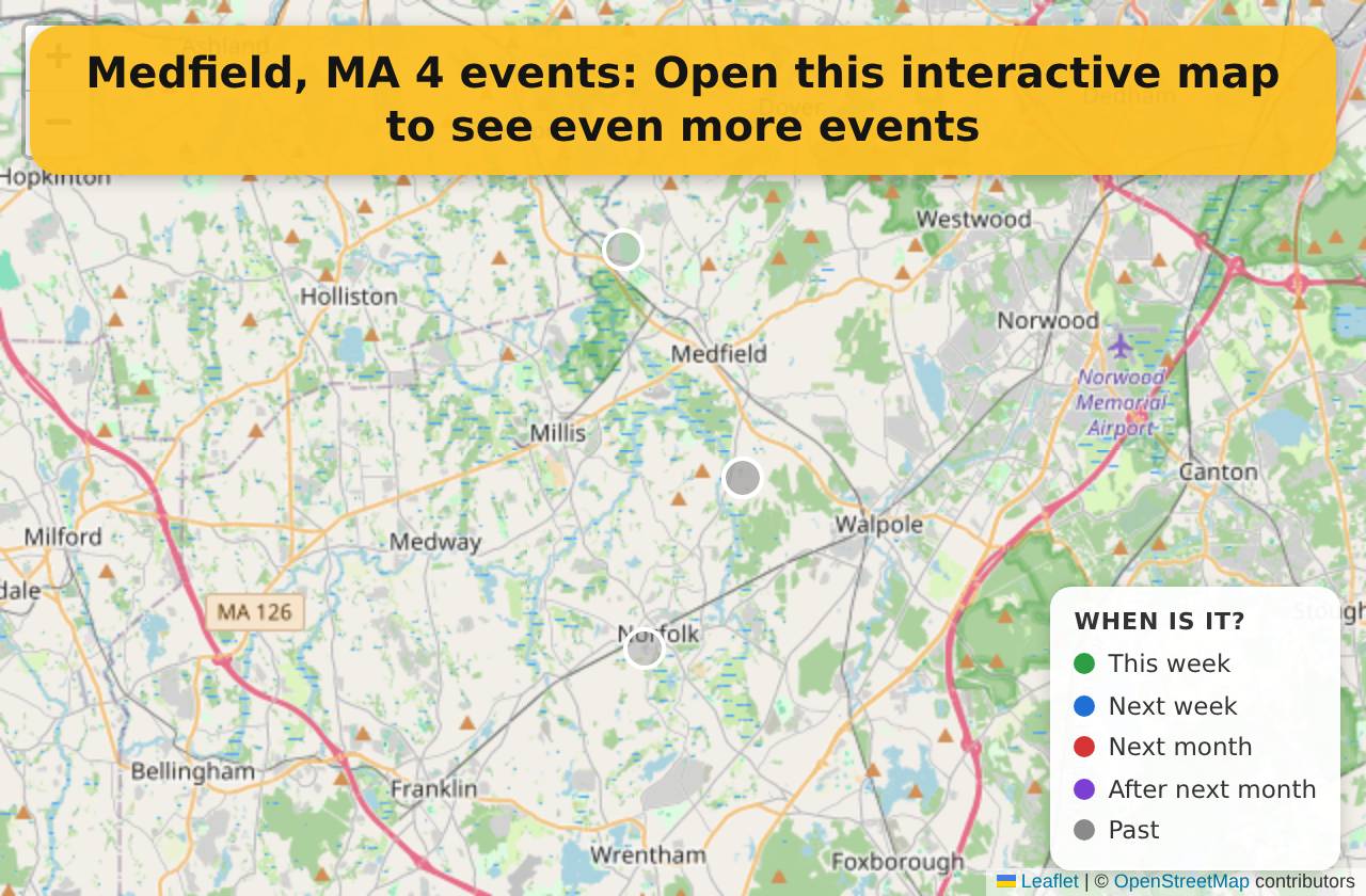 Map of events in Medfield, MA on the interactive EVENTULIST map