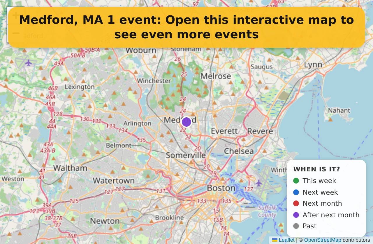 Map of events in Medford, MA on the interactive EVENTULIST map