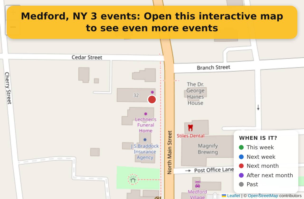 Map of events in Medford, NY on the interactive EVENTULIST map
