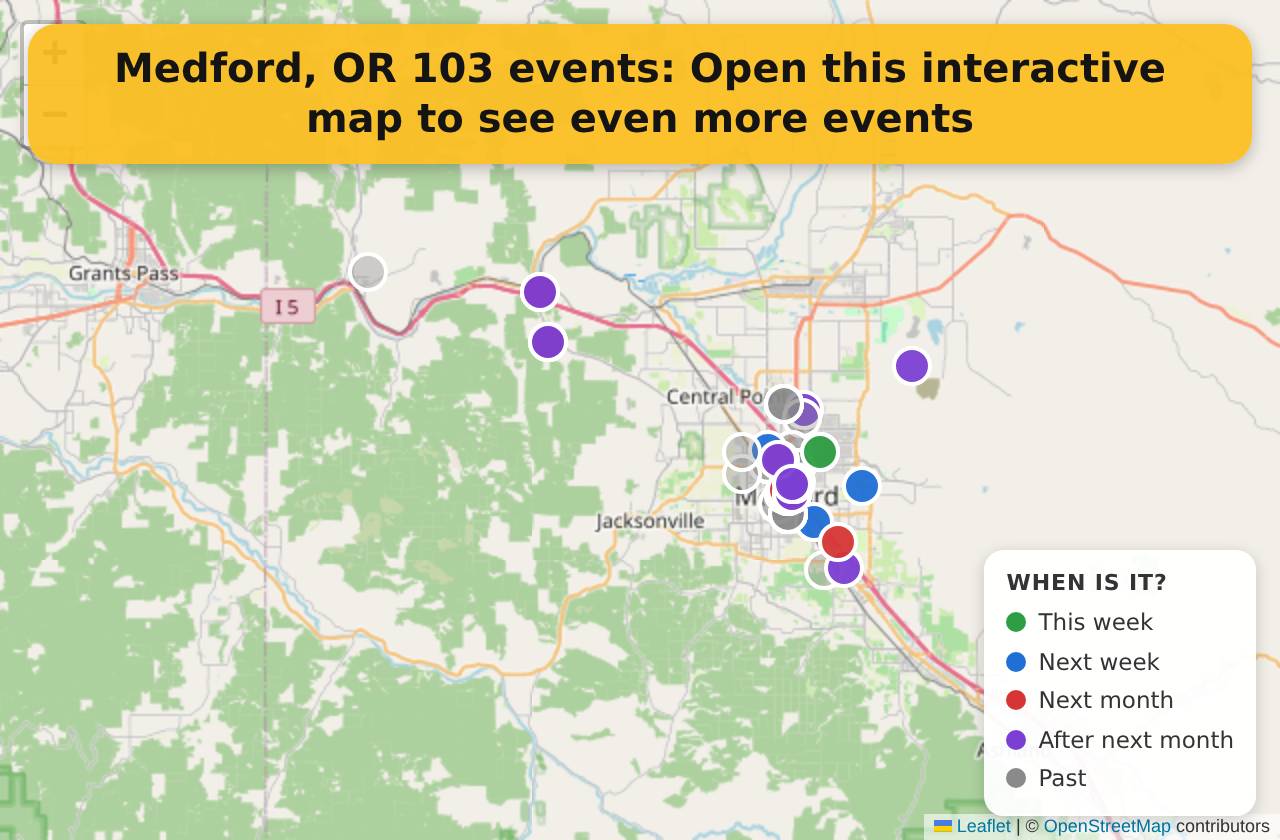 Map of events in Medford, OR on the interactive EVENTULIST map