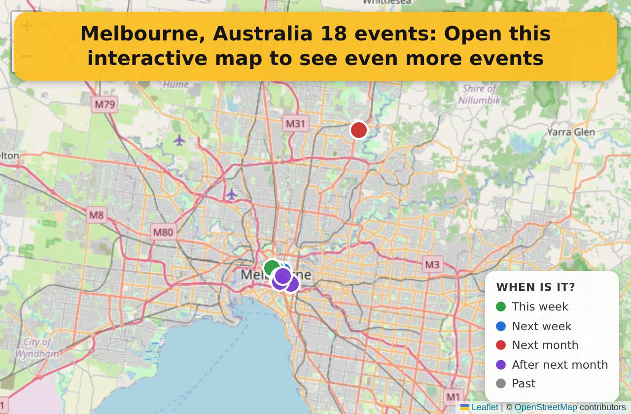 Map of events in Melbourne, Australia on the interactive EVENTULIST map