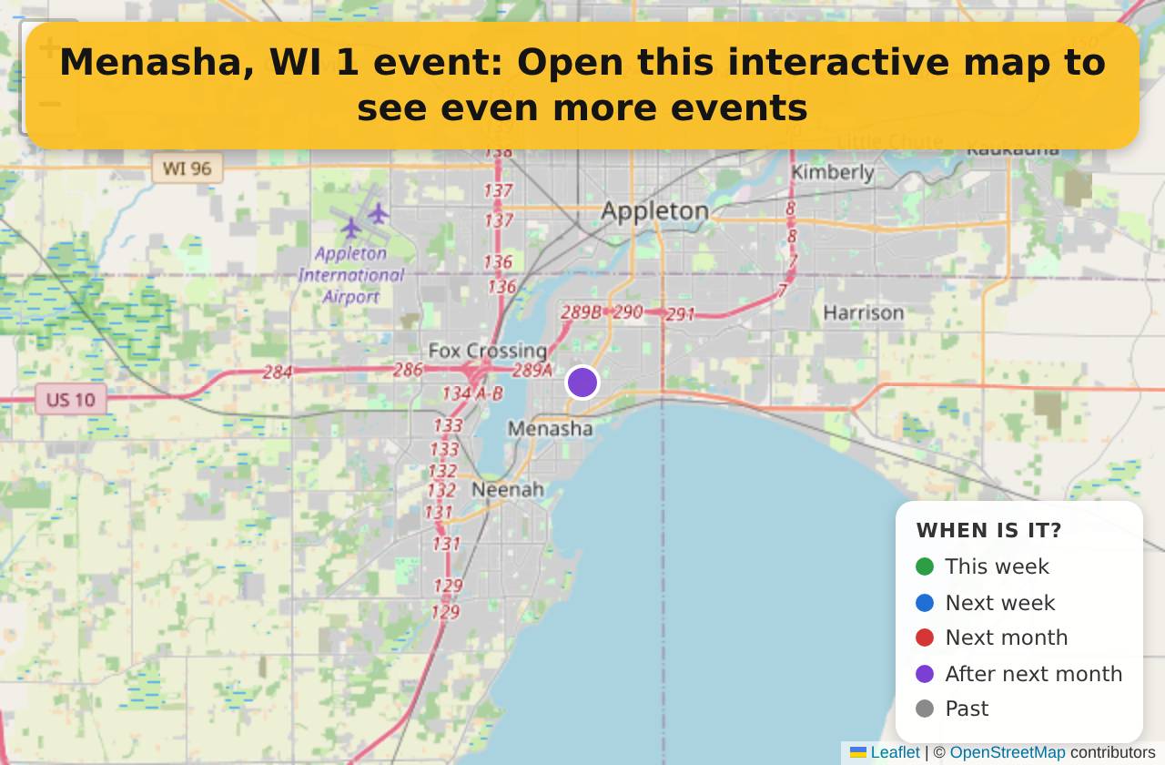 Map of events in Menasha, WI on the interactive EVENTULIST map