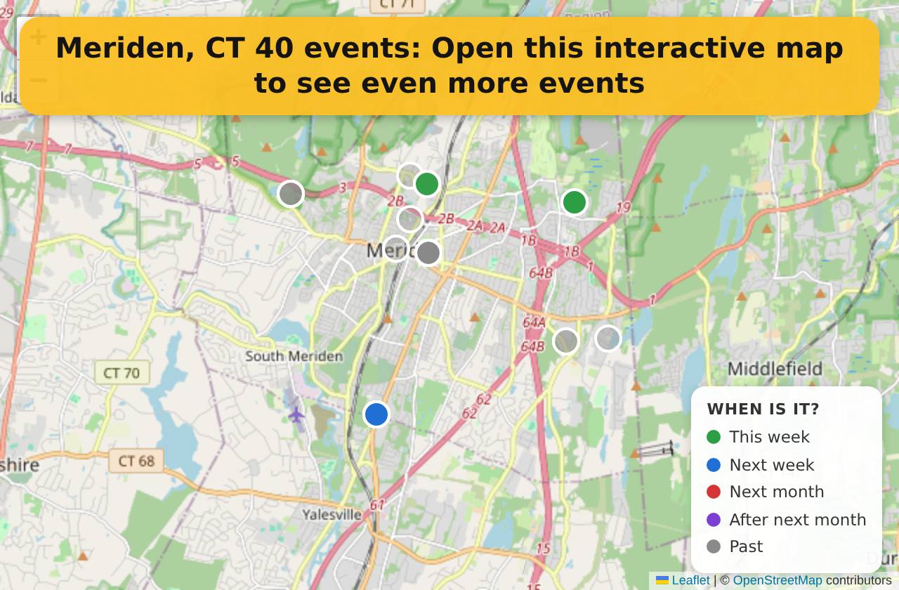 Map of events in Meriden, CT on the interactive EVENTULIST map