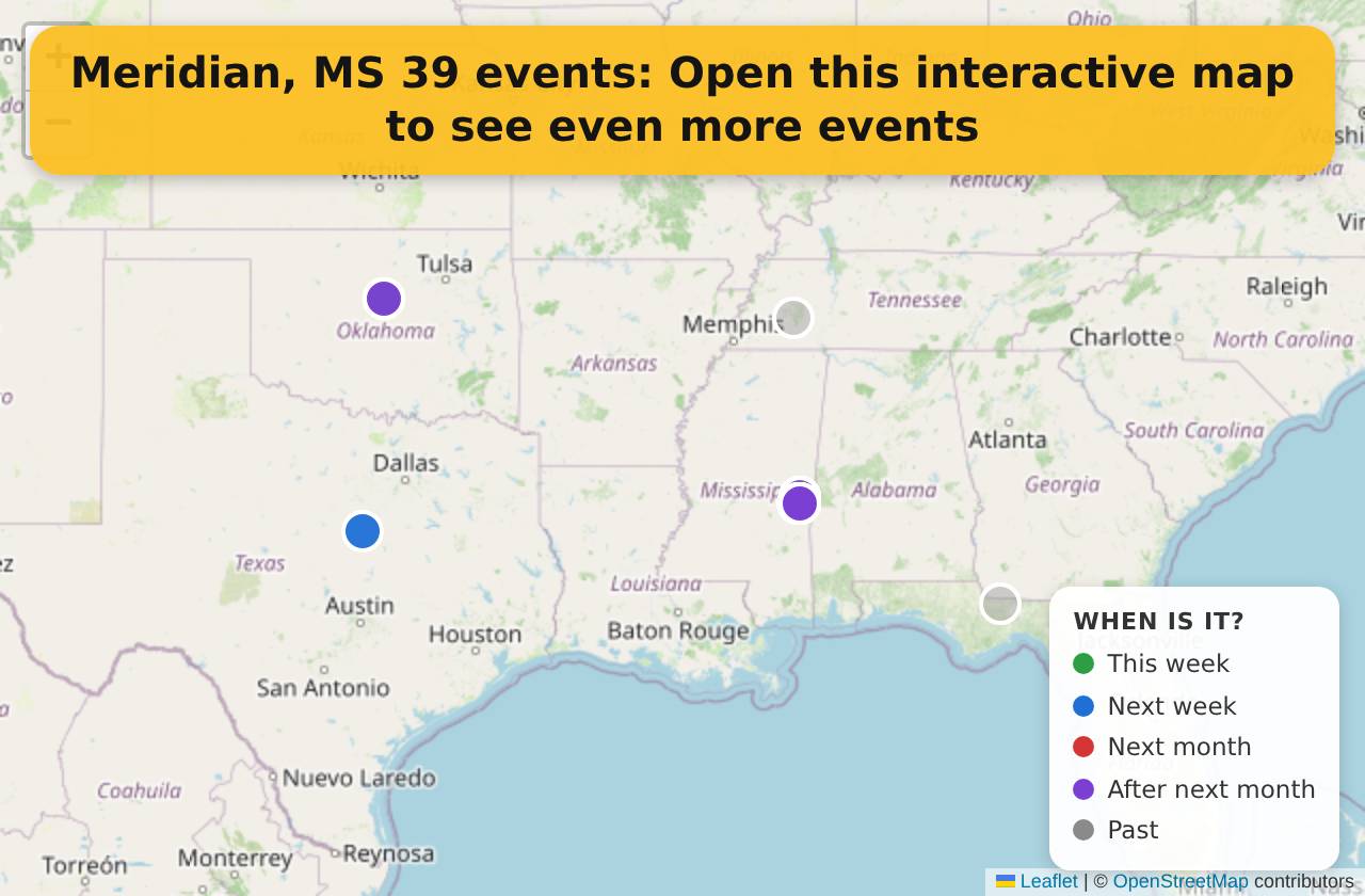Map of events in Meridian, MS on the interactive EVENTULIST map