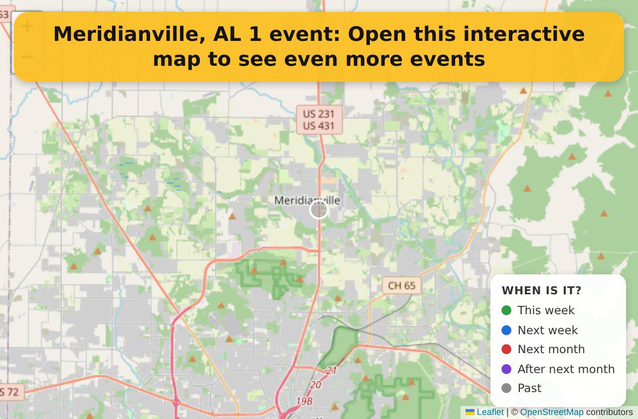 Map of events in Meridianville, AL on the interactive EVENTULIST map