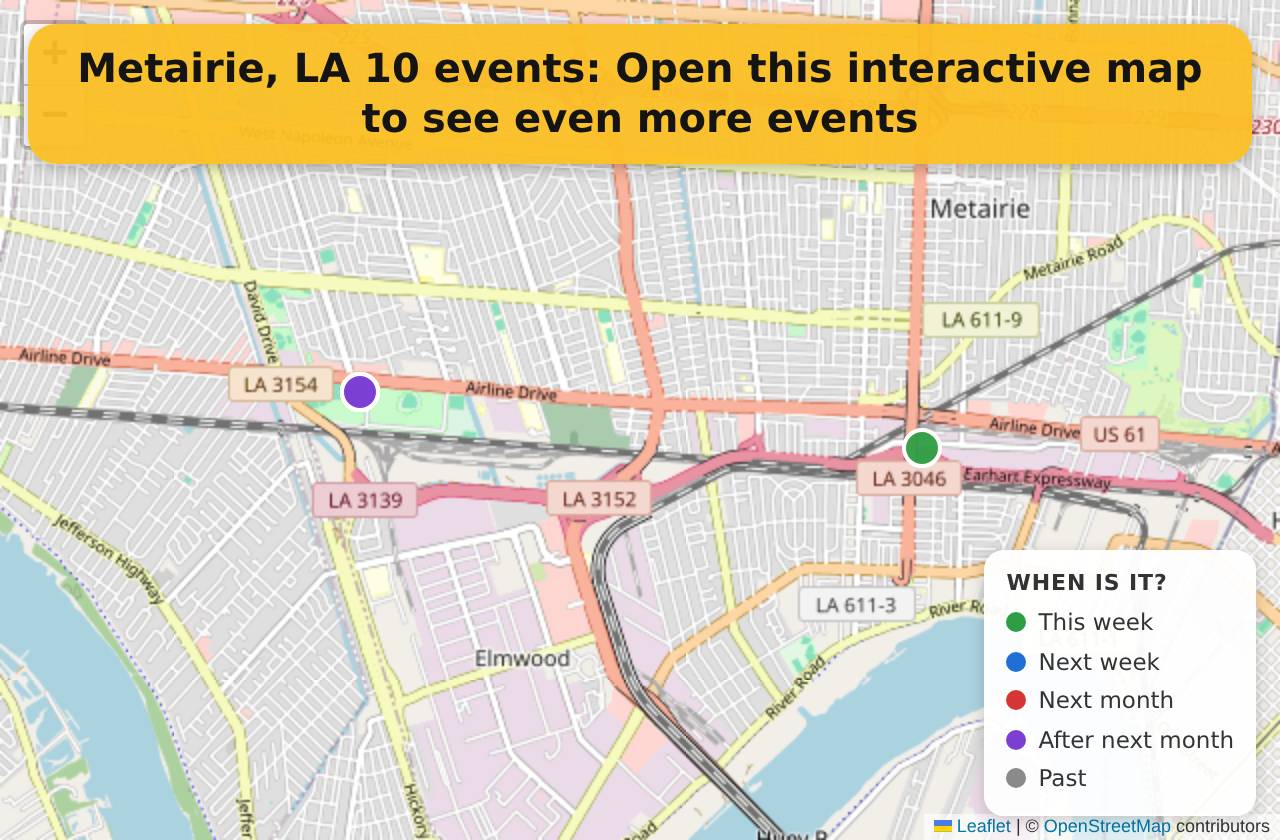 Map of events in Metairie, LA on the interactive EVENTULIST map