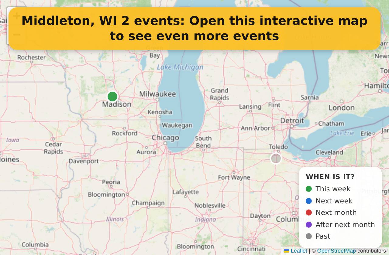 Map of events in Middleton, WI on the interactive EVENTULIST map