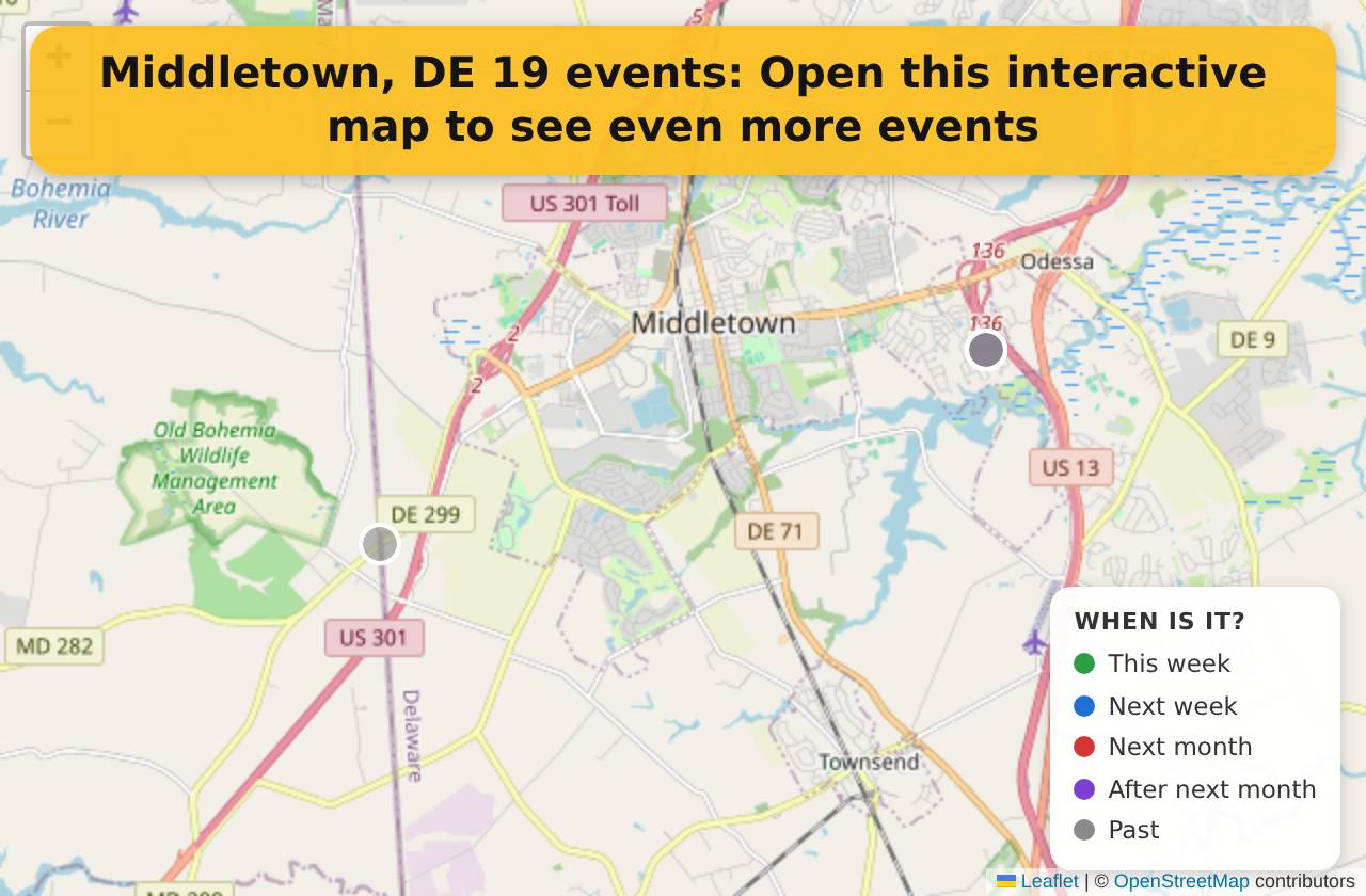 Map of events in Middletown, DE on the interactive EVENTULIST map