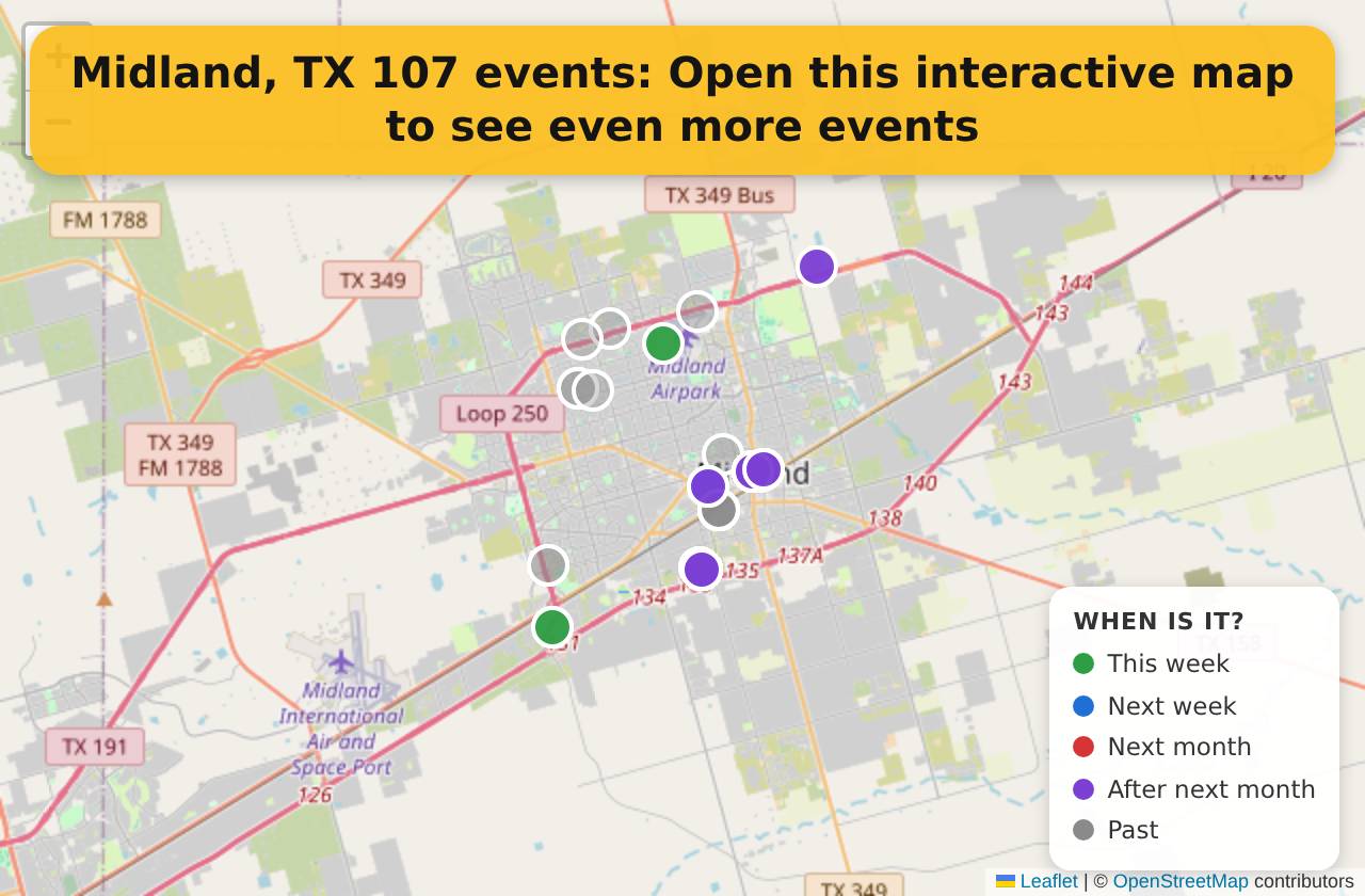 Map of events in Midland, TX on the interactive EVENTULIST map