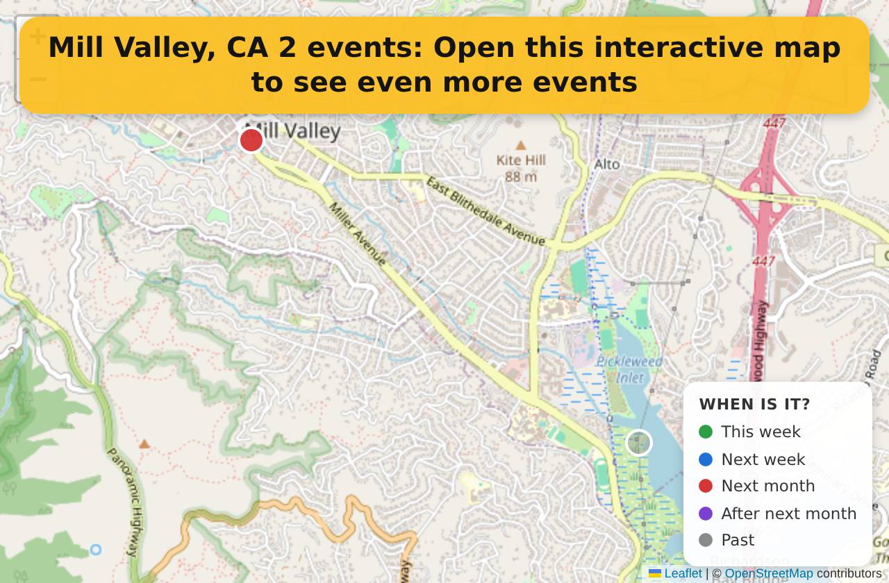 Map of events in Mill Valley, CA on the interactive EVENTULIST map