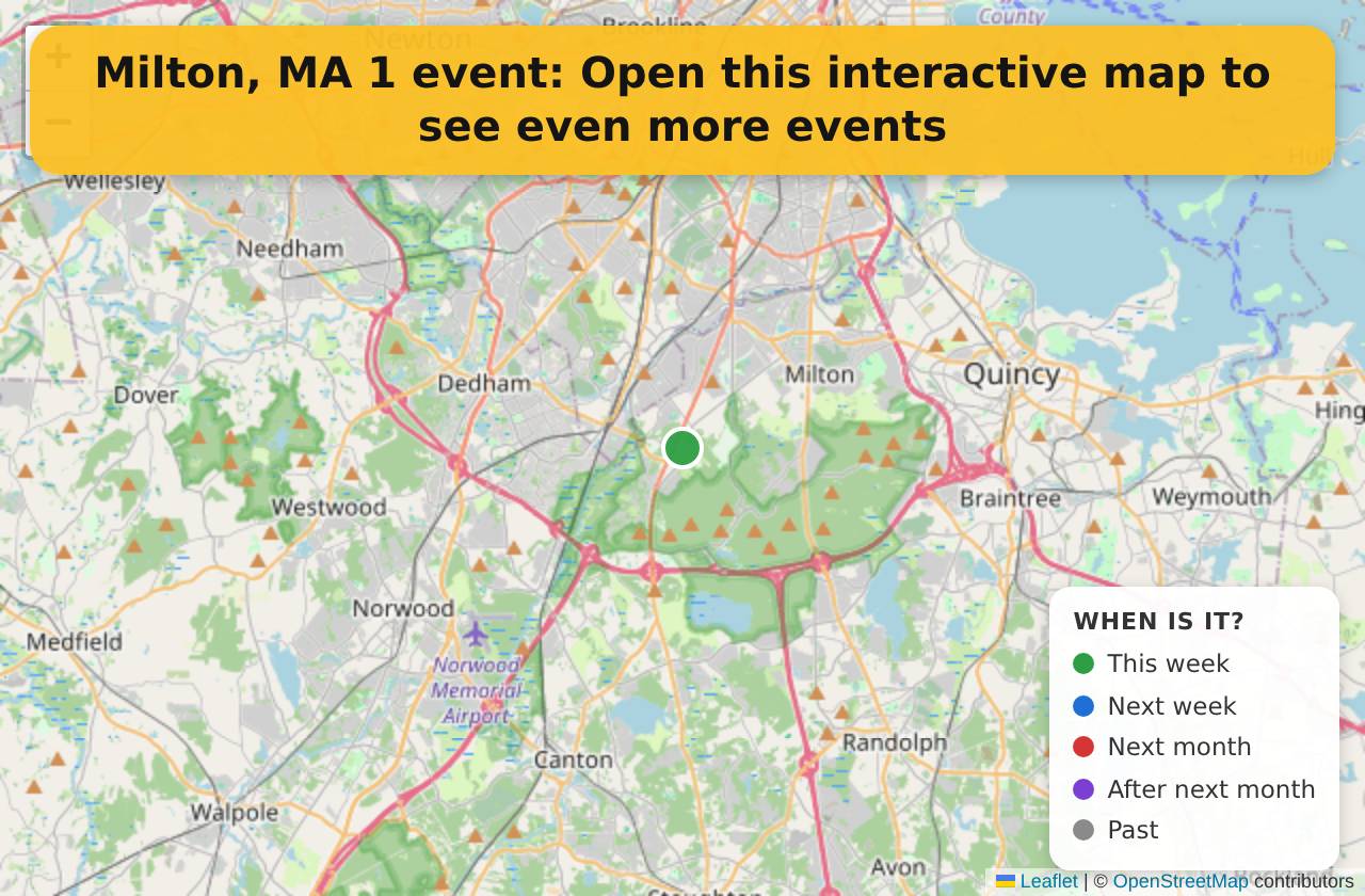 Map of events in Milton, MA on the interactive EVENTULIST map