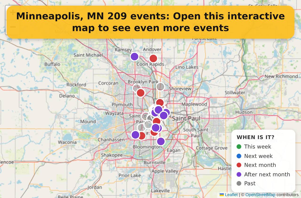 Map of events in Minneapolis, MN on the interactive EVENTULIST map